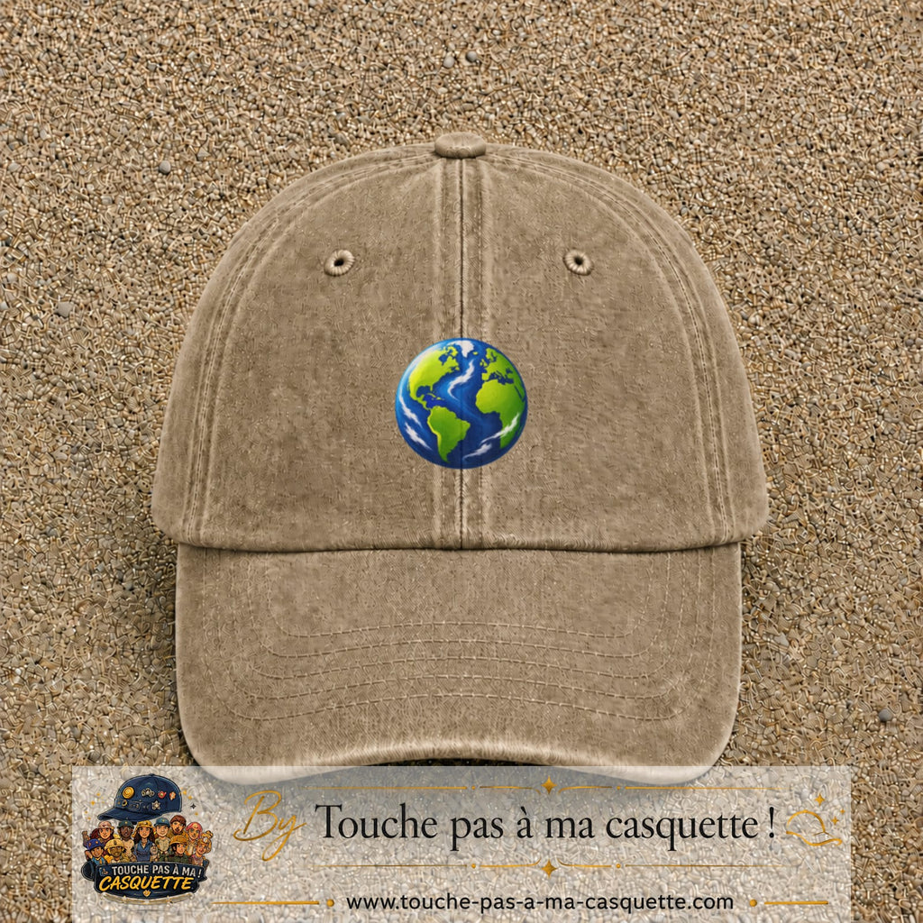 Casquette baseball Beige foncé délavé 100% coton avec visuel Planète Terre cartoon 5 cm - image produit principale