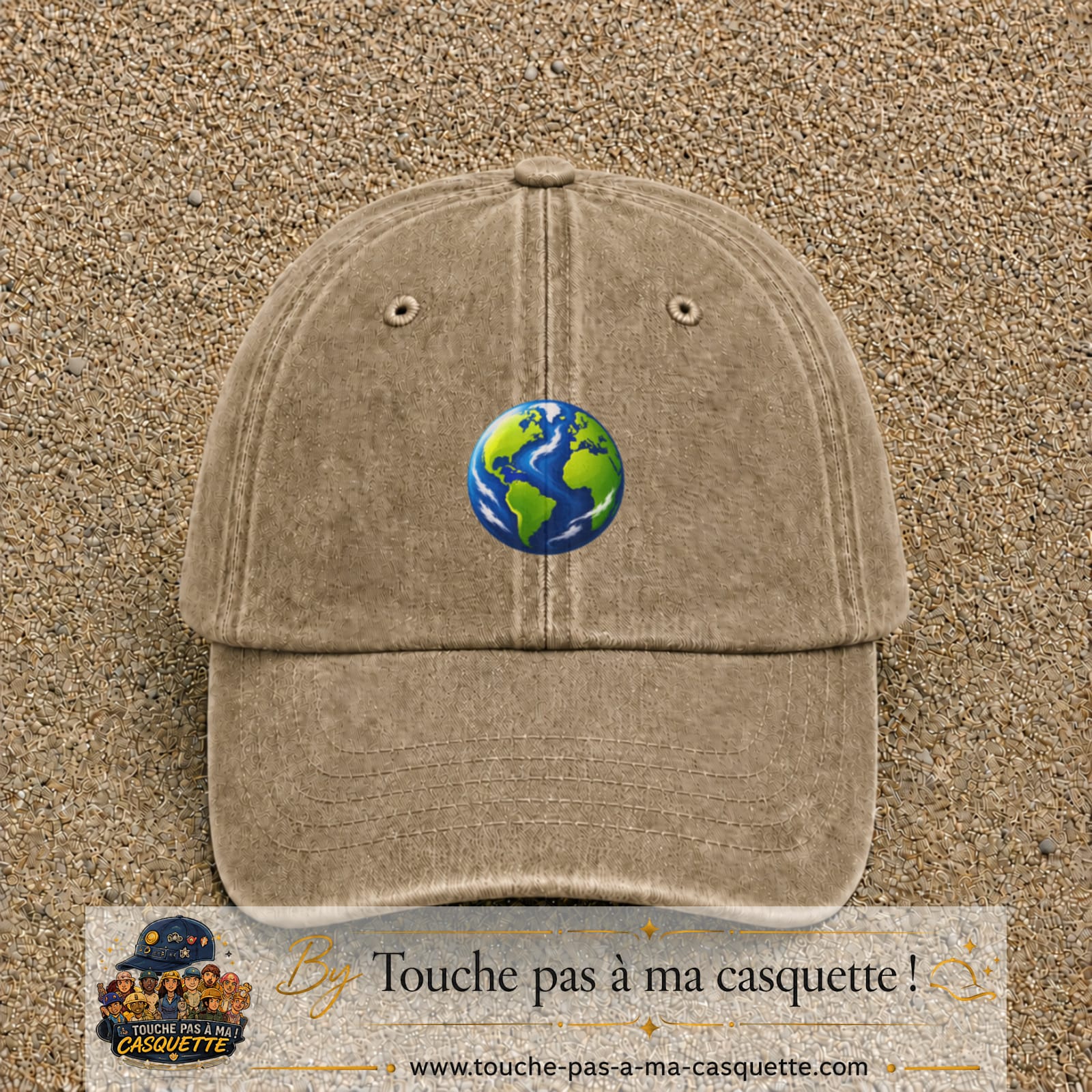 Casquette baseball Beige foncé délavé 100% coton avec visuel Planète Terre cartoon 5 cm - image produit principale