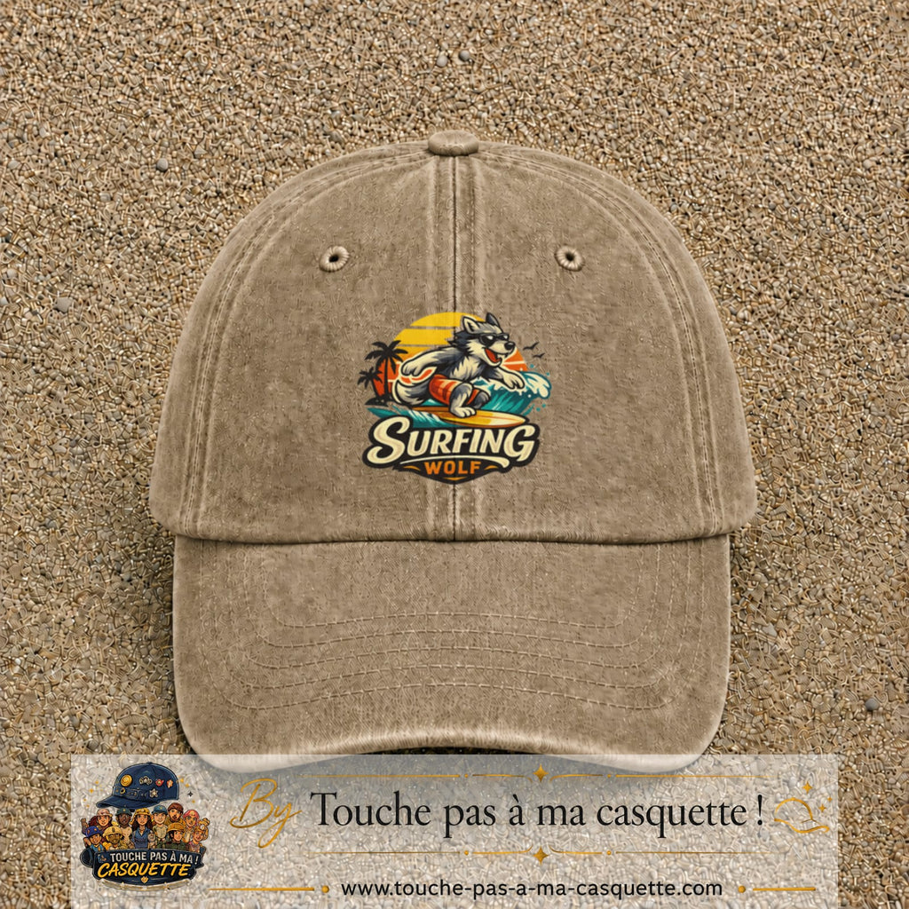 Casquette Beige foncé délavé 100% coton avec motif Surfing Wolf 7 cm - image principale
