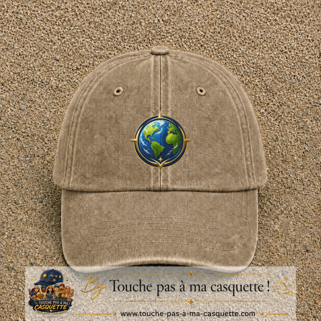 Casquette baseball Beige foncé délavé 100% coton avec visuel Terre compas 7 cm - image produit principale