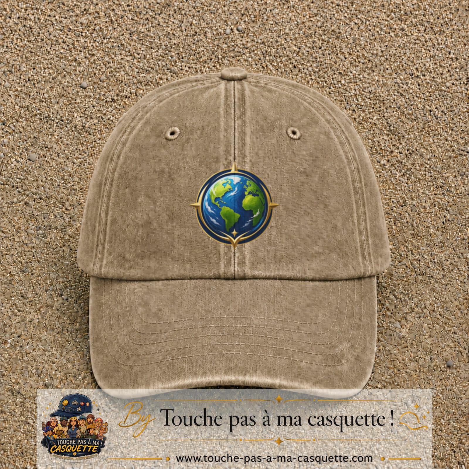 Casquette baseball Beige foncé délavé 100% coton avec visuel Terre compas 7 cm - image produit principale