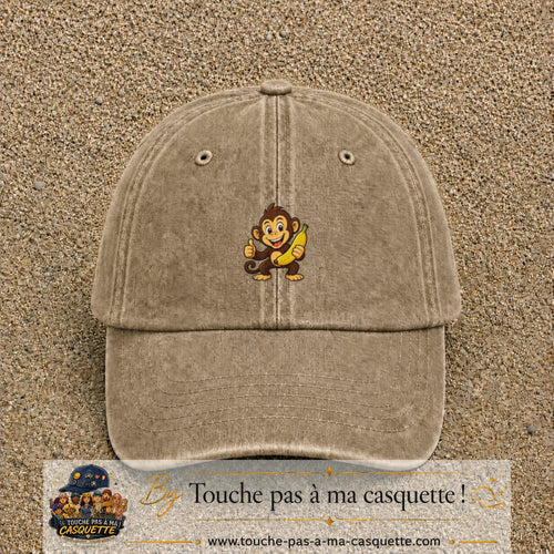 Casquette baseball Beige foncé délavé 100% coton avec motif Singe à la banane 3 cm - image principale
