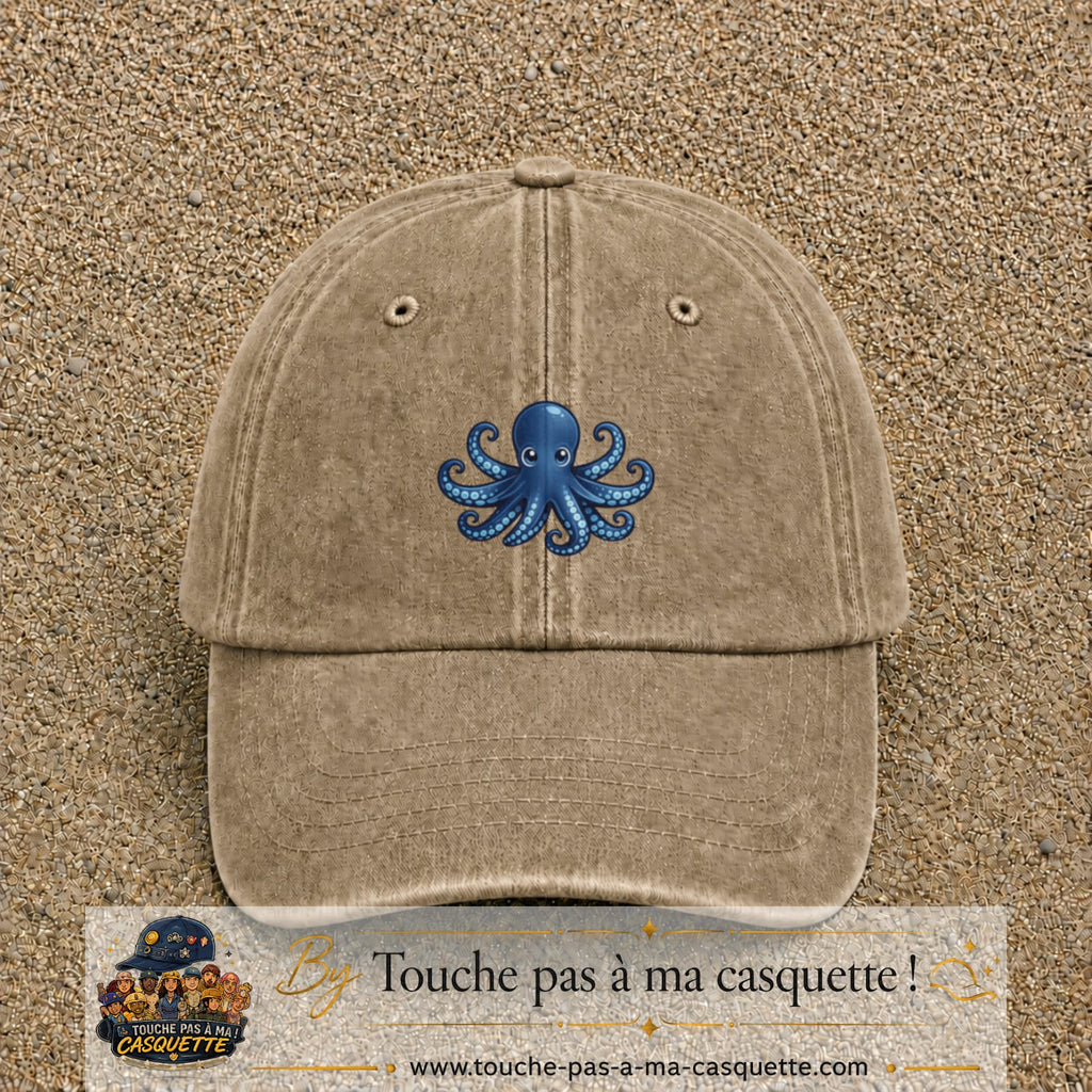 Casquette baseball Beige foncé délavé 100% coton avec visuel Pieuvre bleue 5 cm - image produit principale