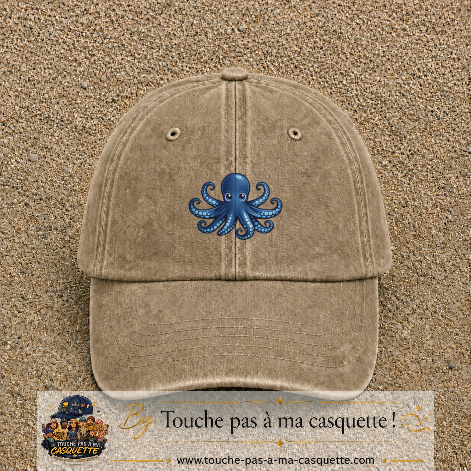 Casquette baseball Beige foncé délavé 100% coton avec visuel Pieuvre bleue 5 cm - image produit principale