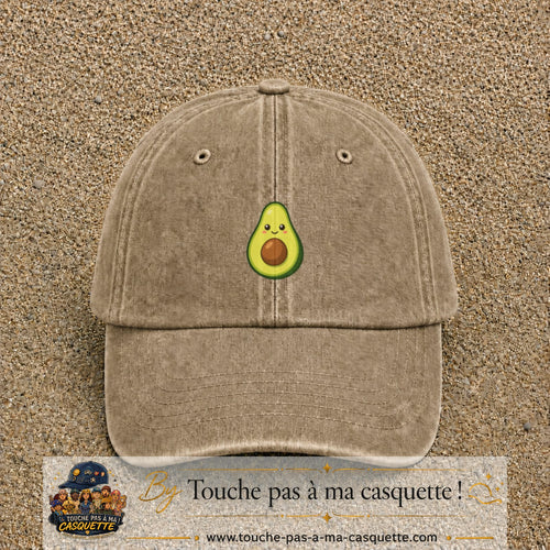 Casquette baseball Beige foncé délavé 100% coton avec visuel Avocat kawaii 5 cm - image produit principale