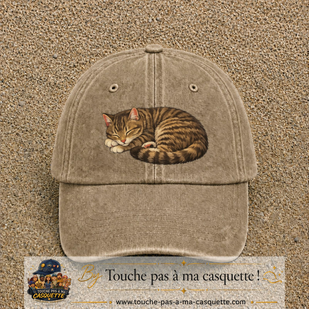 Casquette baseball Beige foncé délavé 100% coton avec motif Chat endormi 7 cm - image principale