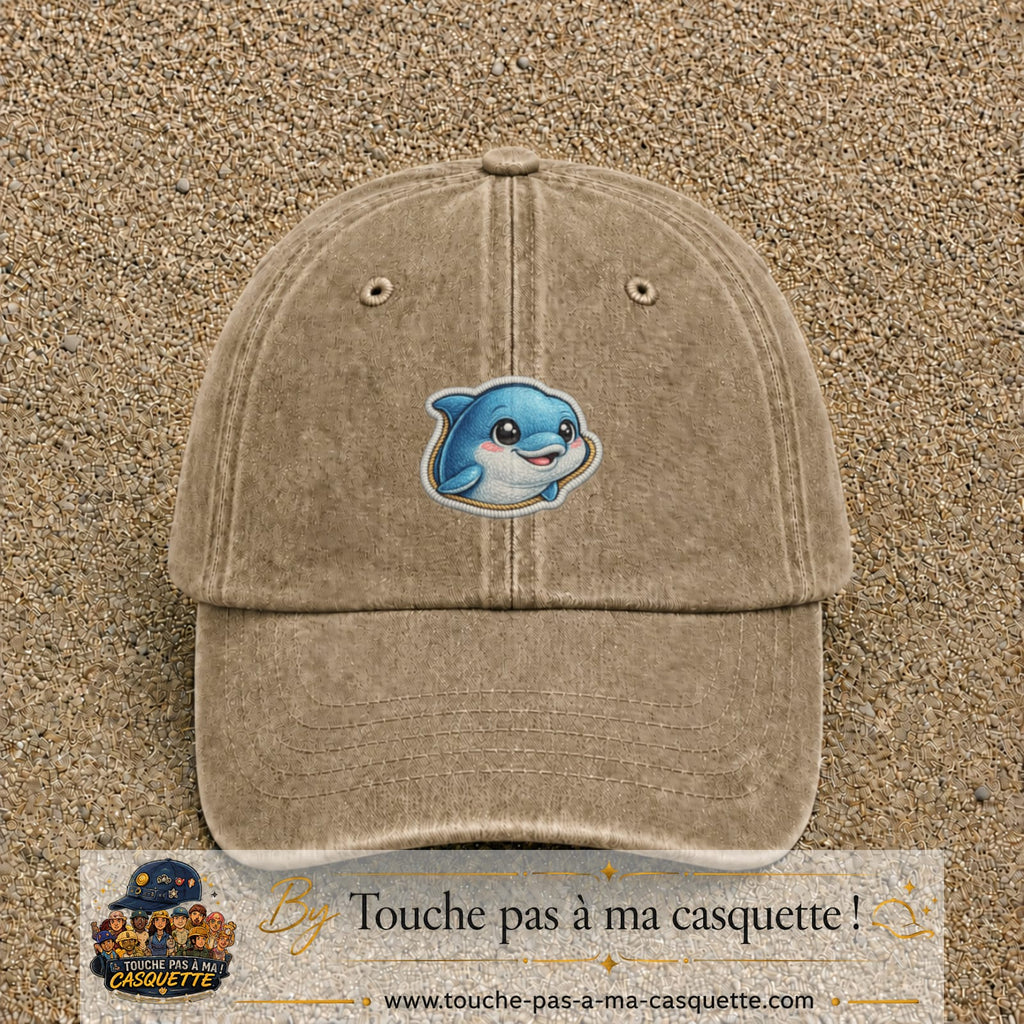Casquette Beige foncé délavé motif Dauphin souriant 5 cm - vue principale