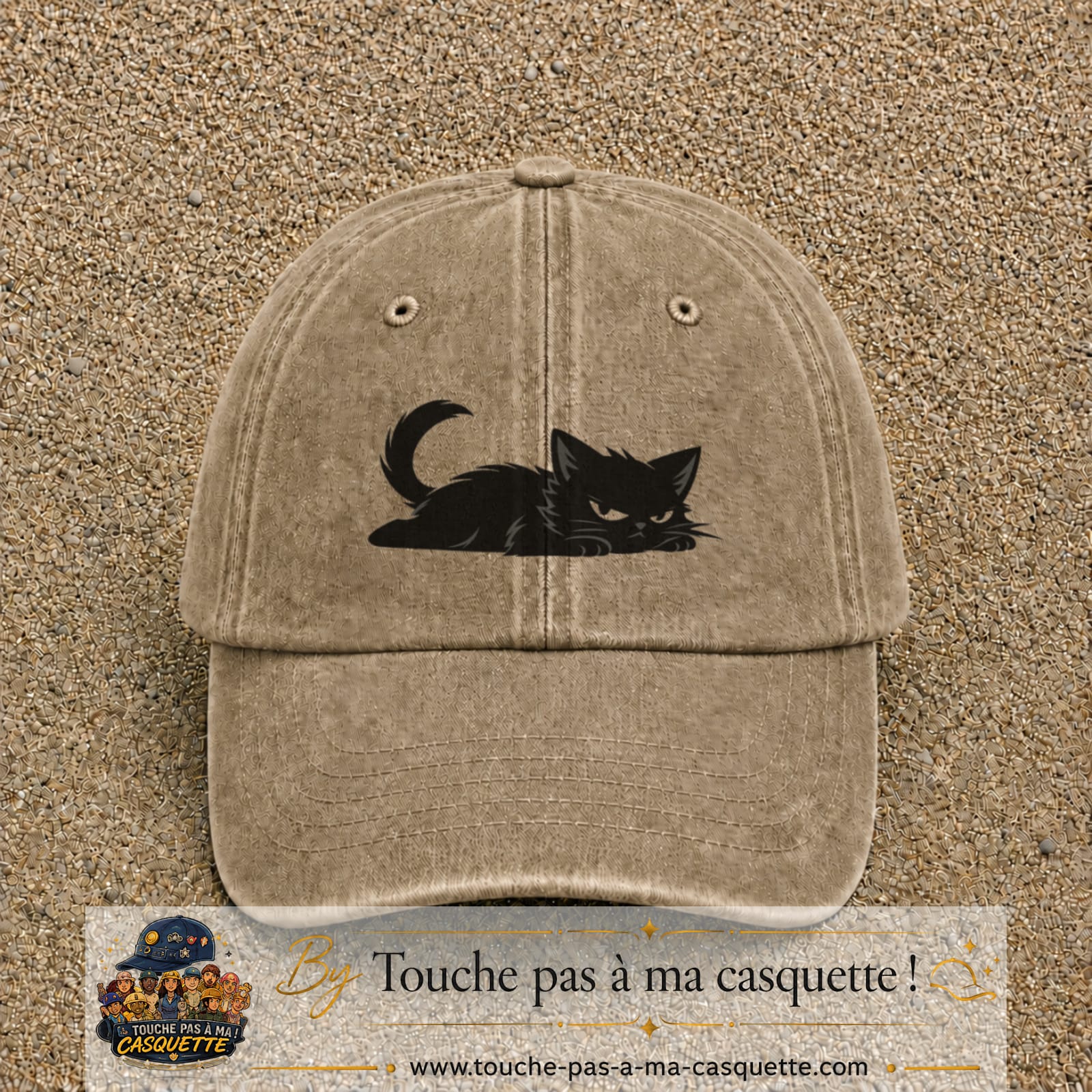 Casquette baseball Beige foncé délavé 100% coton avec visuel Chat noir couché 5 cm - image produit principale