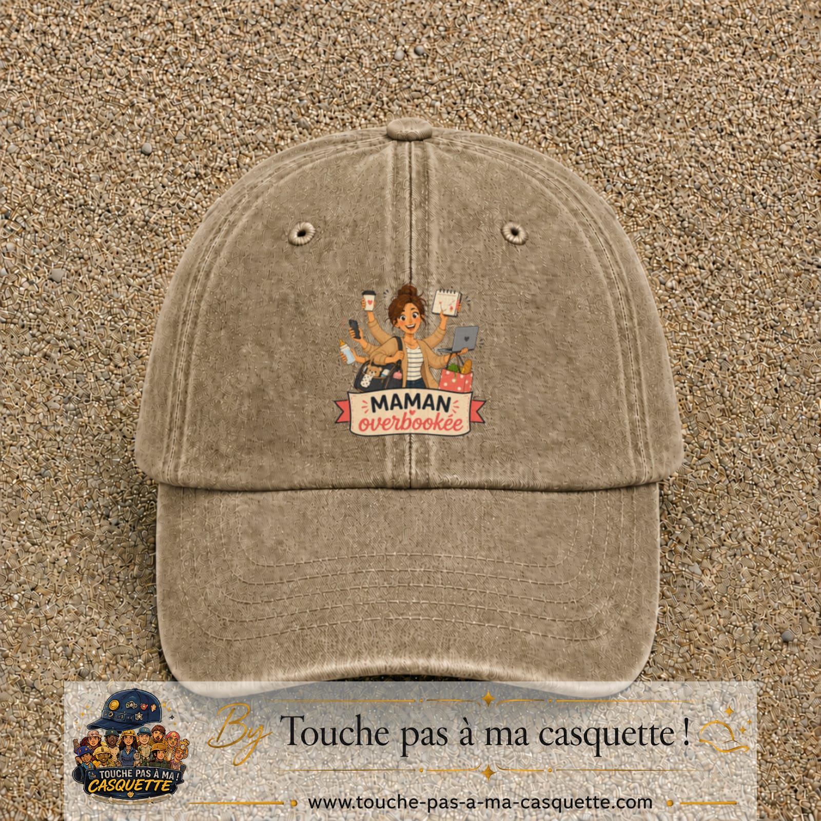 Casquette baseball Beige foncé délavé 100% coton avec visuel Maman overbookée 7 cm - image produit principale