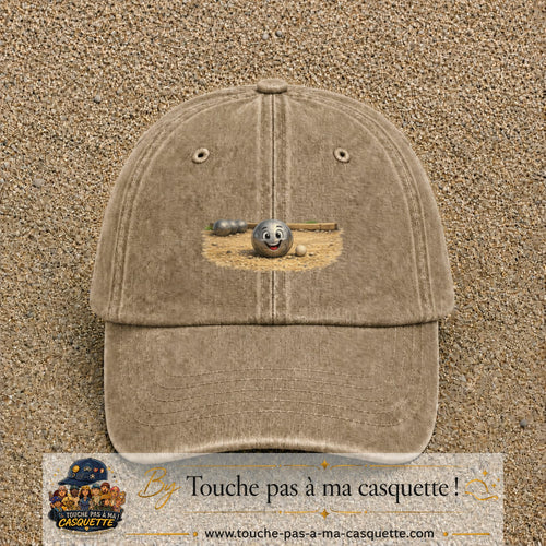 Casquette baseball Beige foncé délavé 100% coton avec motif Boule de pétanque souriante 7 cm - image principale