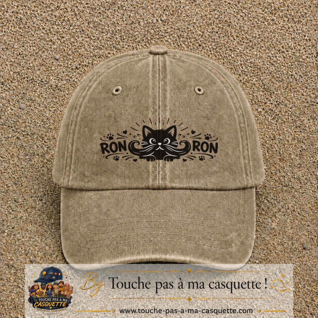 Casquette Beige foncé délavé motif Chat Ron Ron 5 cm - vue principale