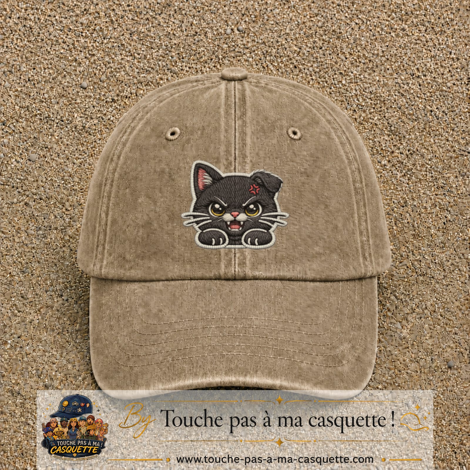 Casquette Beige foncé délavé motif Chaton grognon 7 cm - vue principale