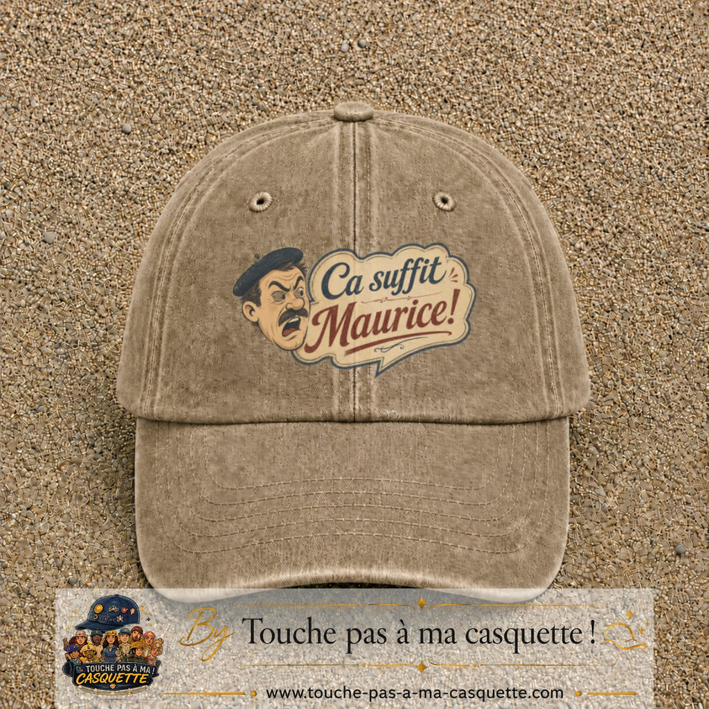 Casquette baseball Beige foncé délavé 100% coton avec visuel Ça suffit Maurice avec personnage 7 cm - image produit principale