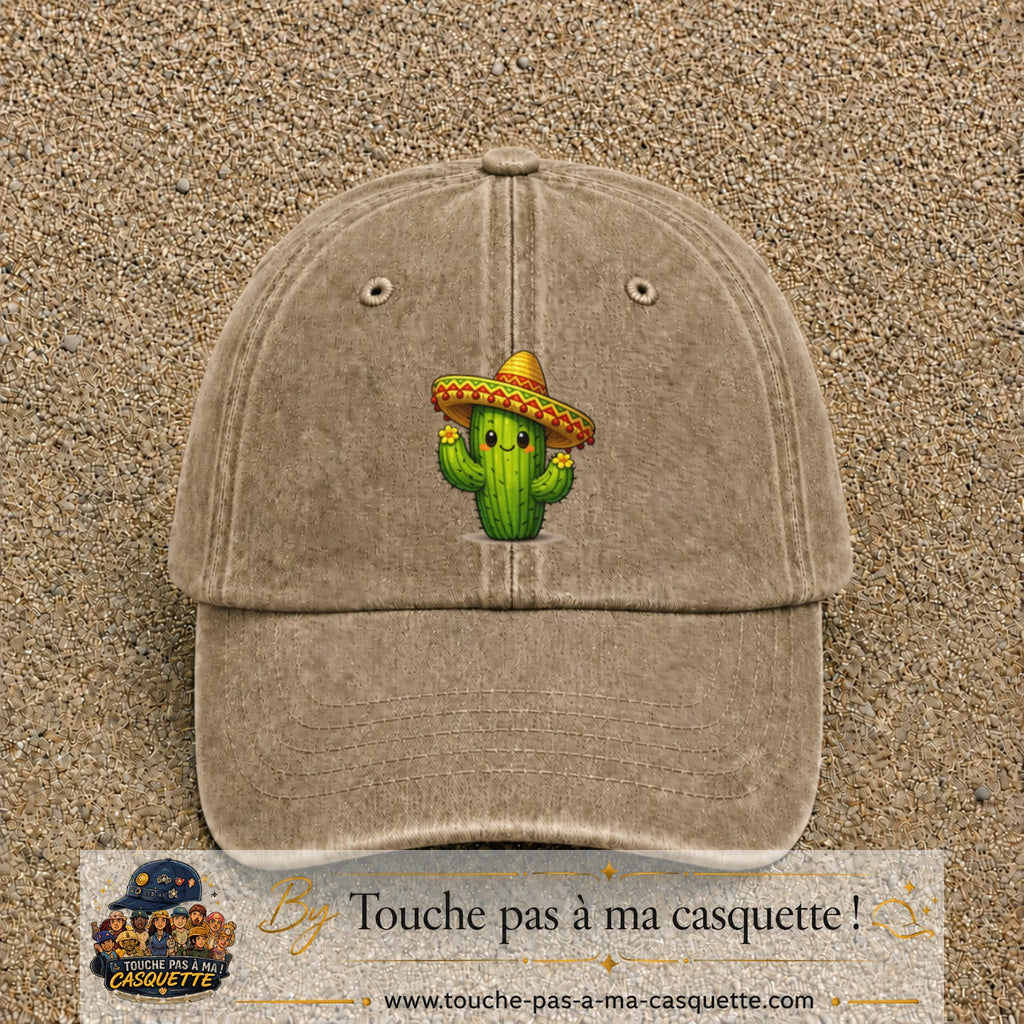 Casquette baseball Beige foncé délavé 100% coton avec visuel Cactus sombrero 7 cm - image produit principale