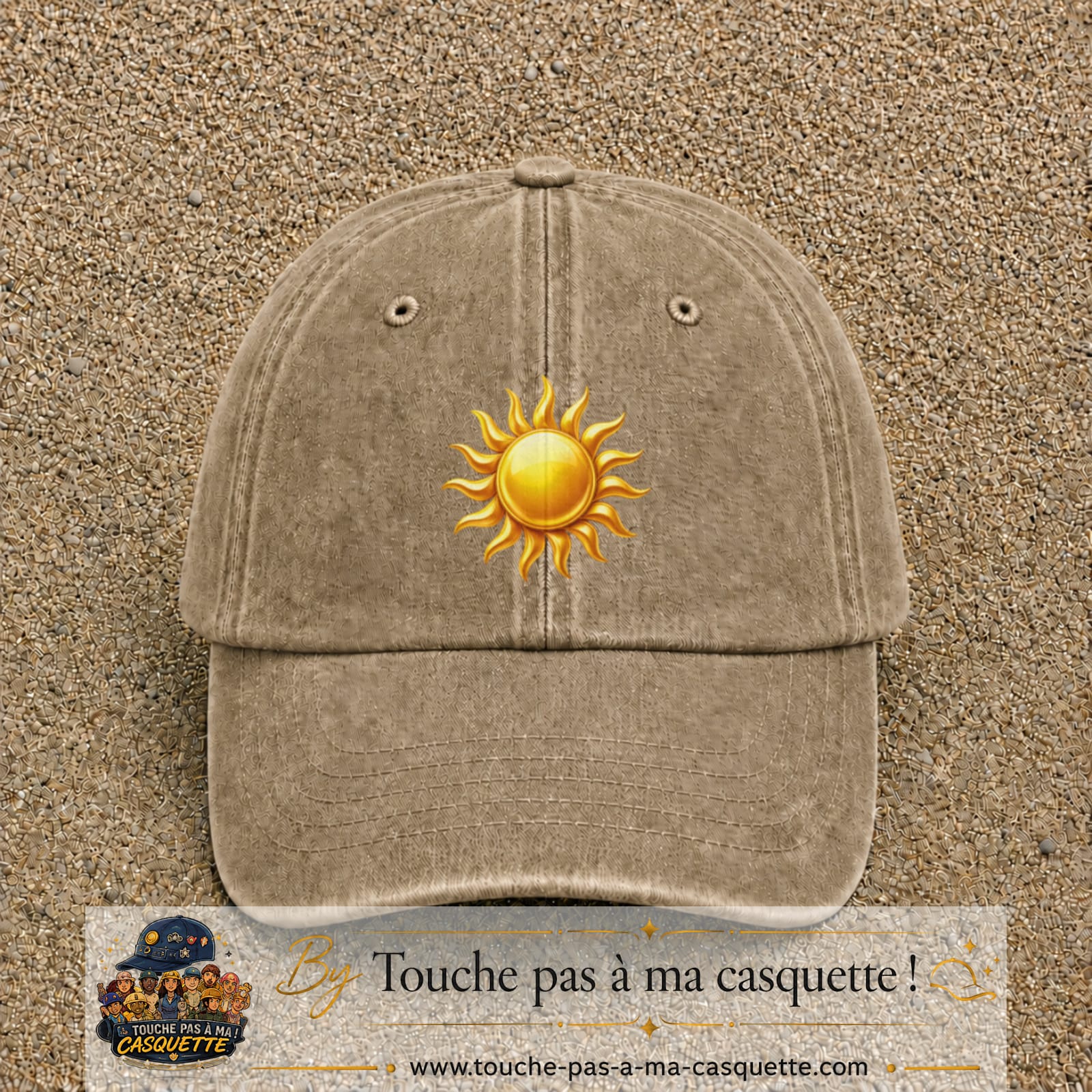 Casquette baseball Beige foncé délavé 100% coton avec visuel Soleil brillant 7 cm - image produit principale