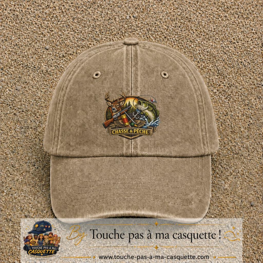 Casquette Beige foncé délavé motif Chasse et pêche 7 cm - vue principale