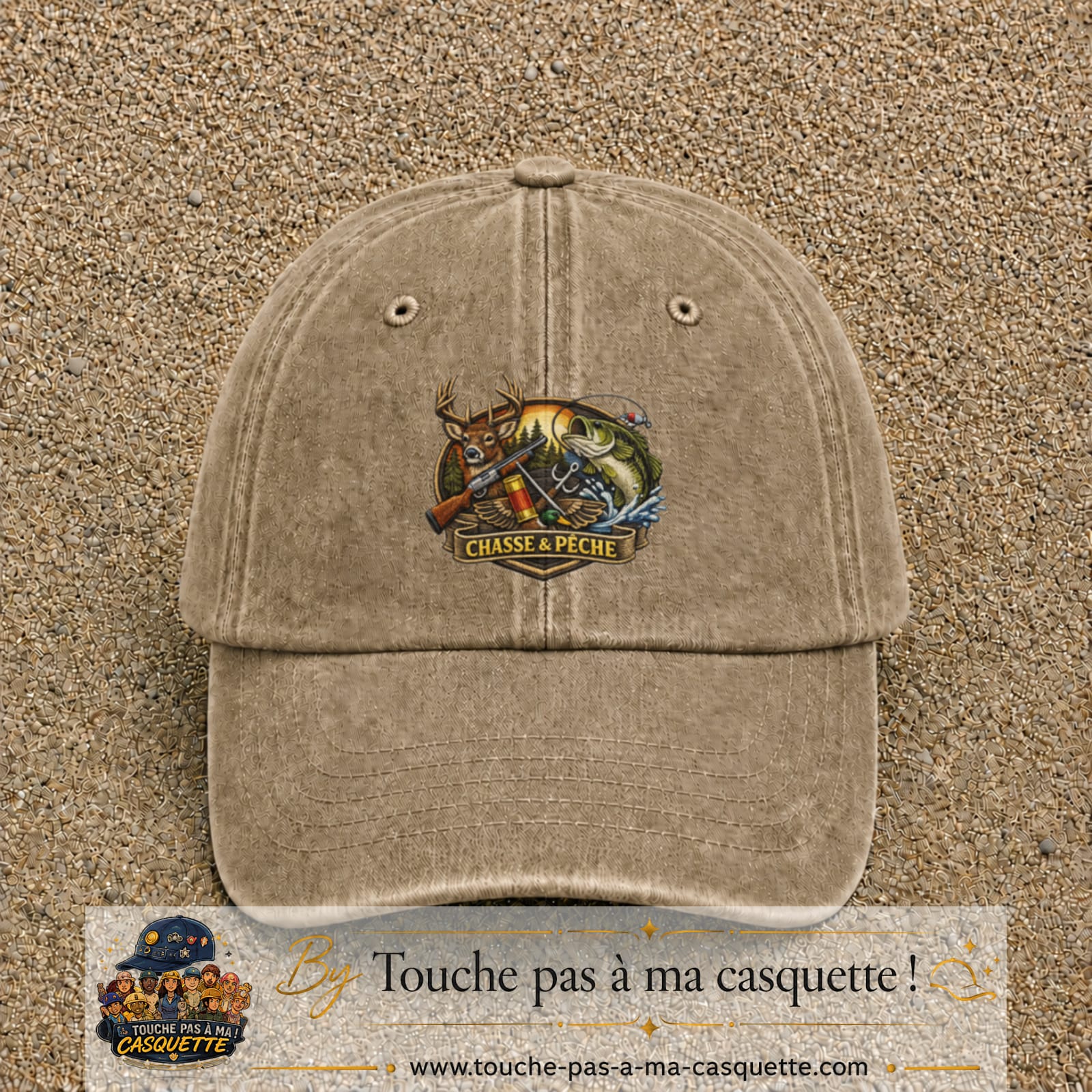 Casquette Beige foncé délavé motif Chasse et pêche 7 cm - vue principale