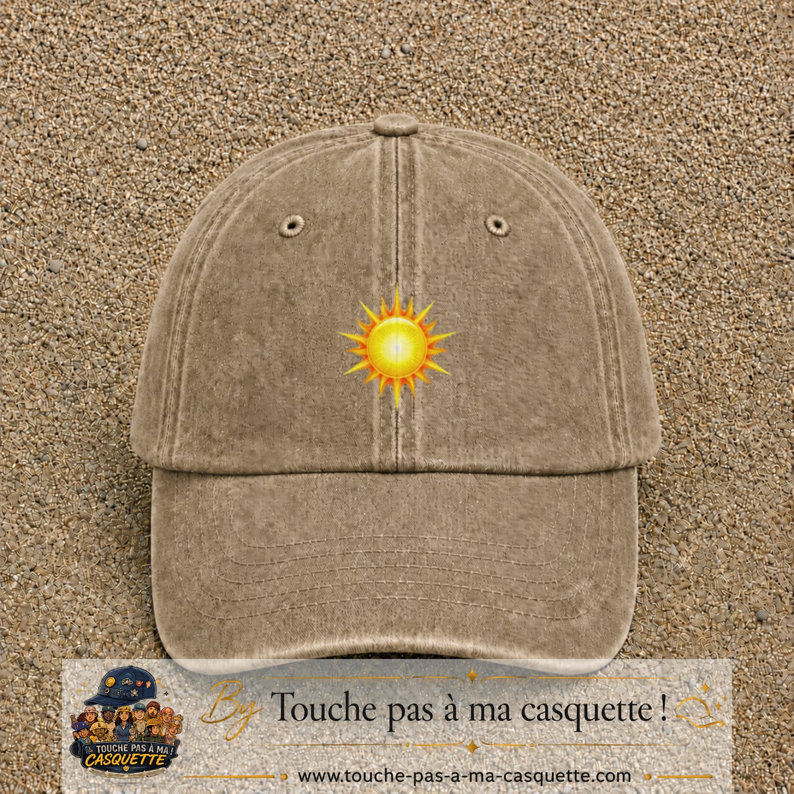 Casquette baseball Beige foncé délavé 100% coton avec motif Soleil rayonnant 5 cm - image principale