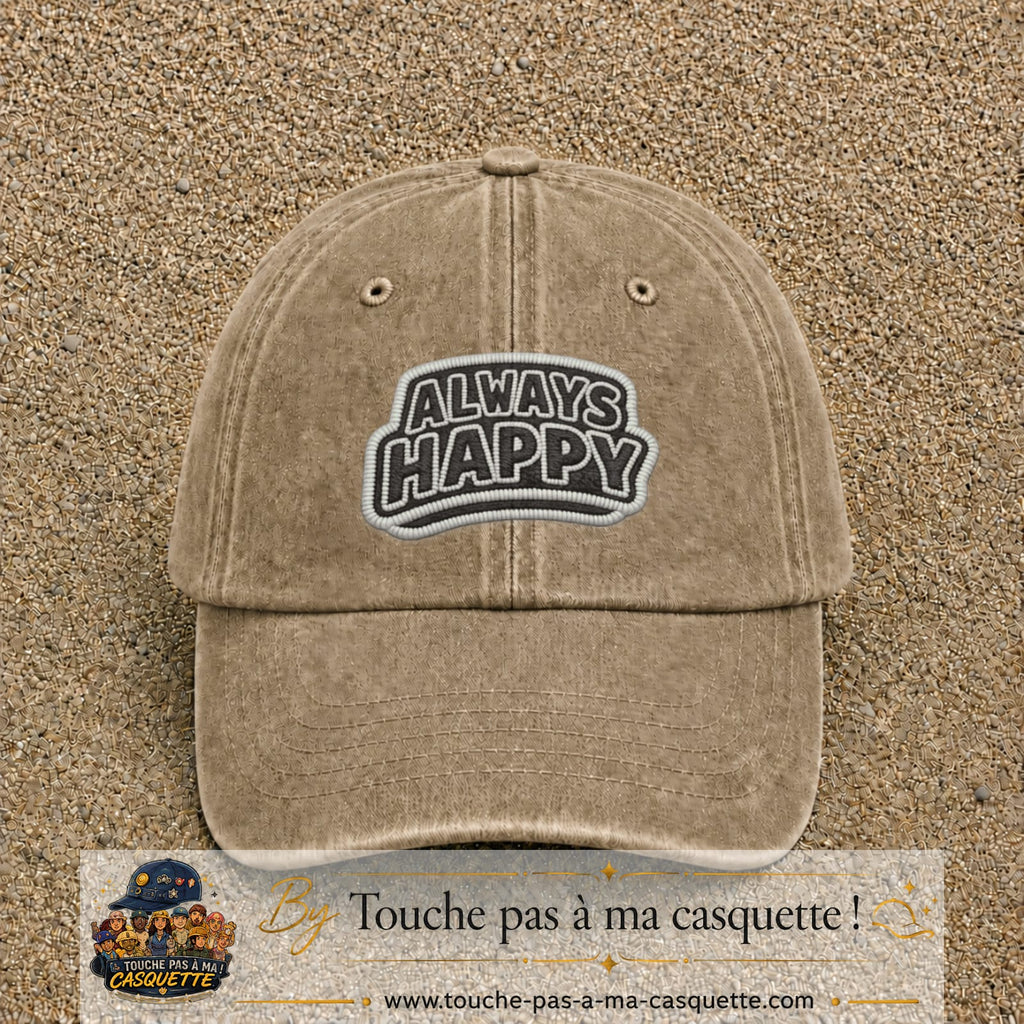 Casquette Beige foncé délavé motif Message Always Happy 7 cm - vue principale