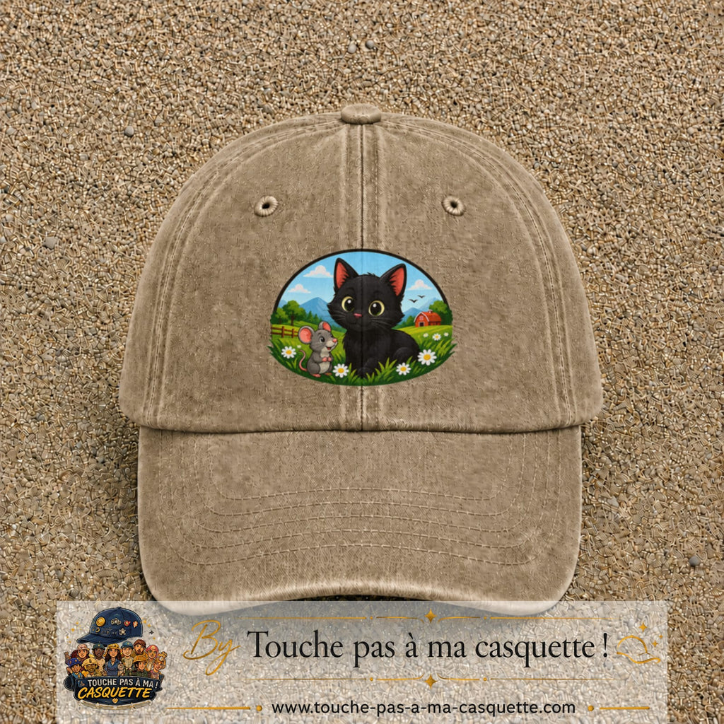 Casquette baseball Beige foncé délavé 100% coton avec visuel Chat et souris à la ferme 7 cm - image produit principale
