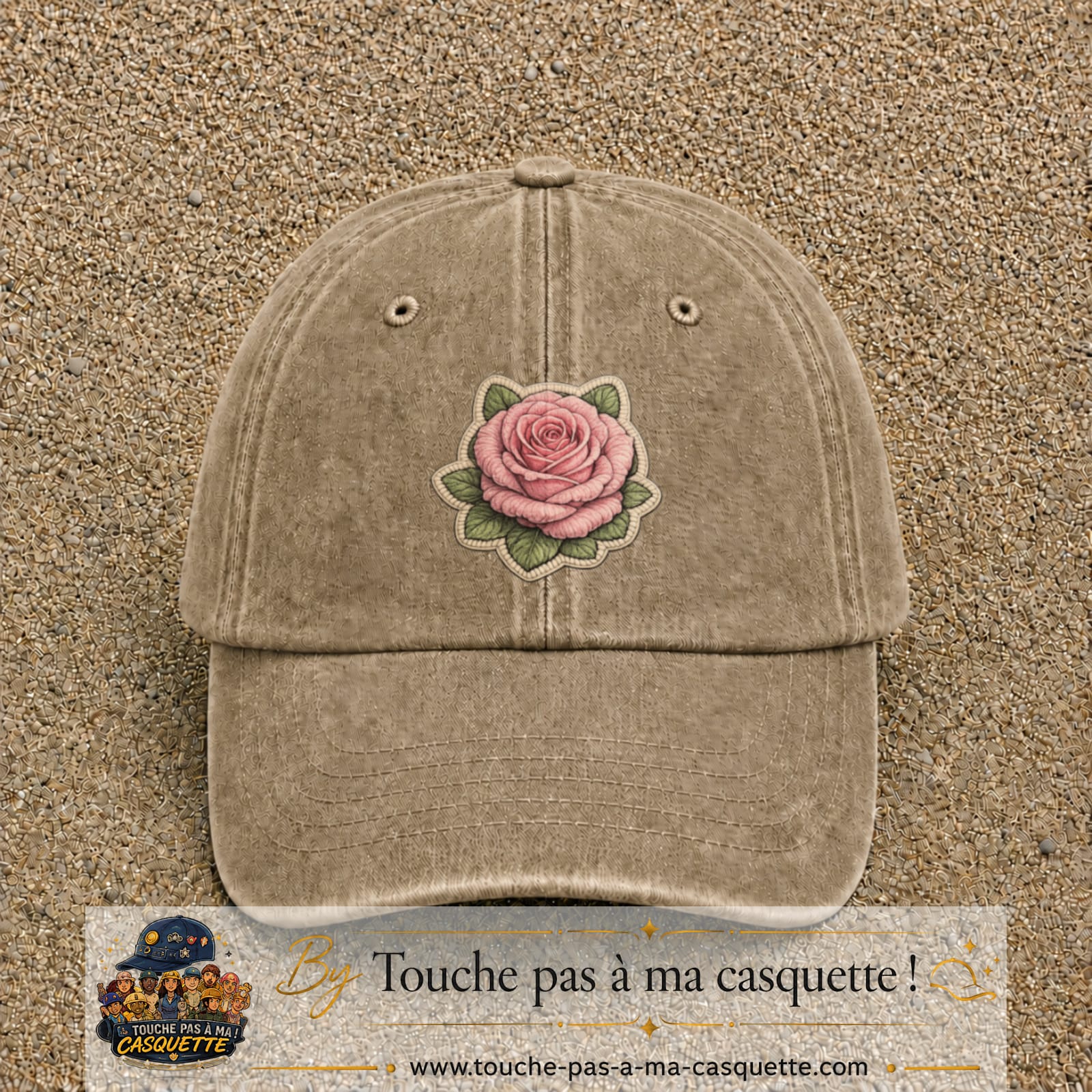 Casquette Beige foncé délavé motif Rose tendre 7 cm - vue principale