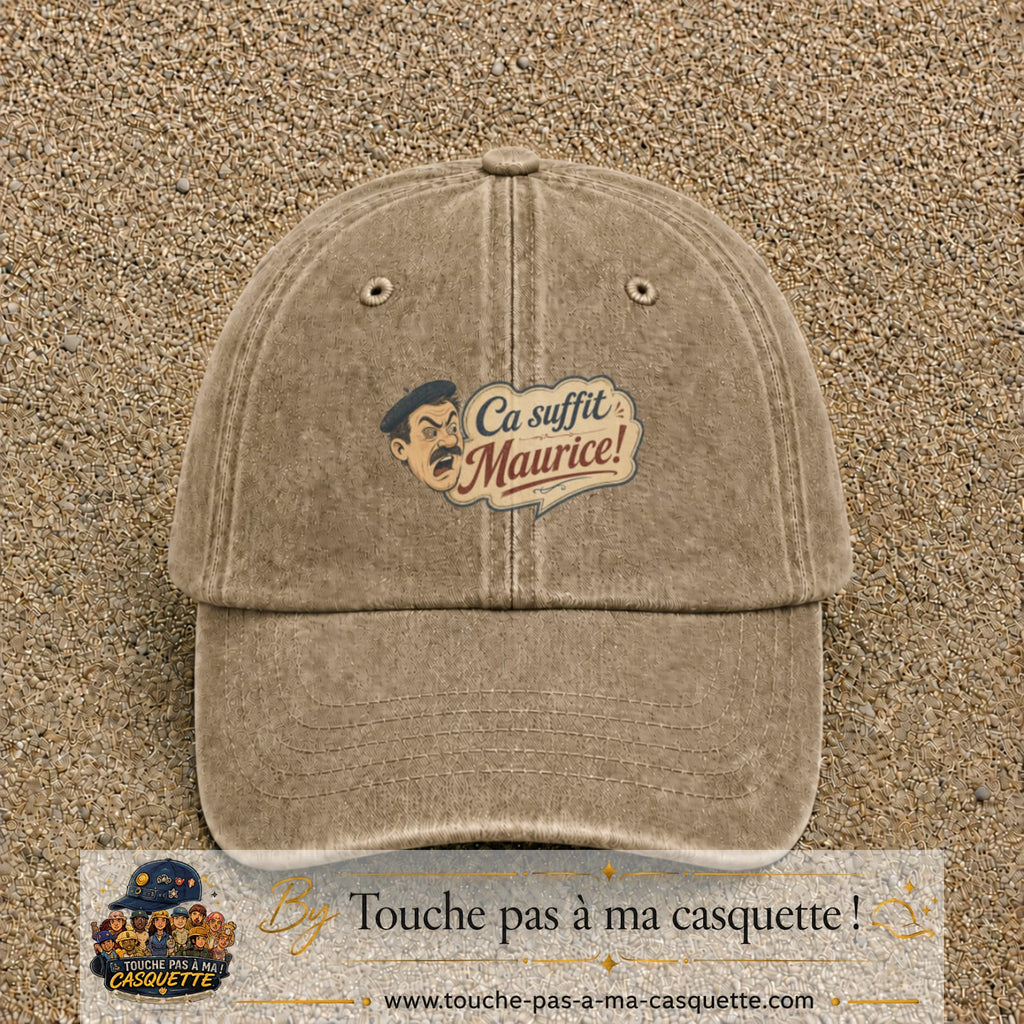 Casquette baseball Beige foncé délavé 100% coton avec visuel Ça suffit Maurice avec personnage 5 cm - image produit principale