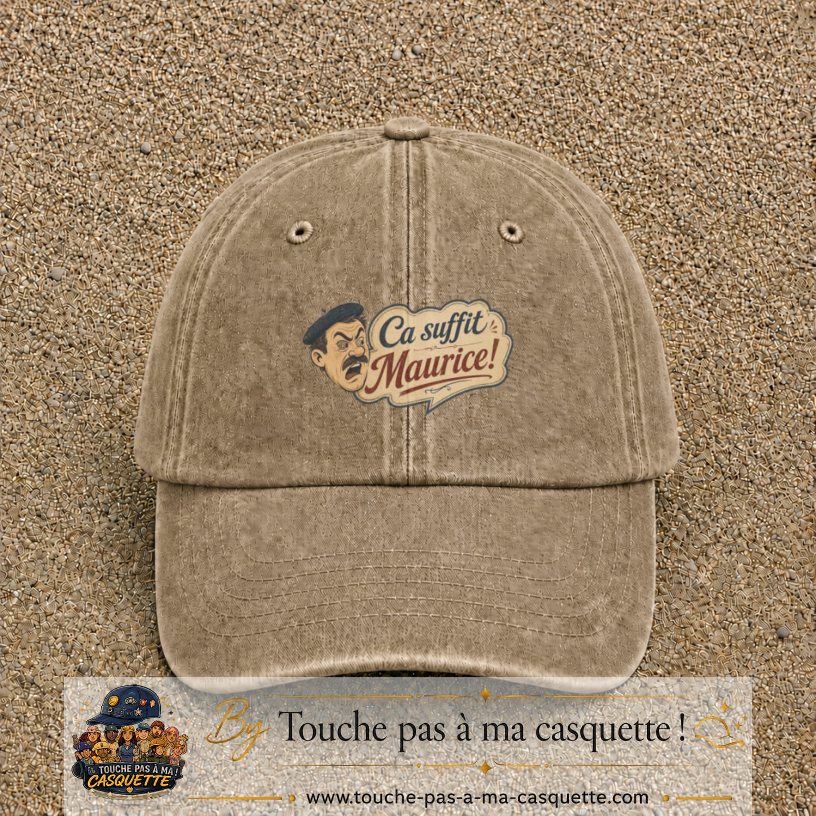 Casquette baseball Beige foncé délavé 100% coton avec visuel Ça suffit Maurice avec personnage 5 cm - image produit principale