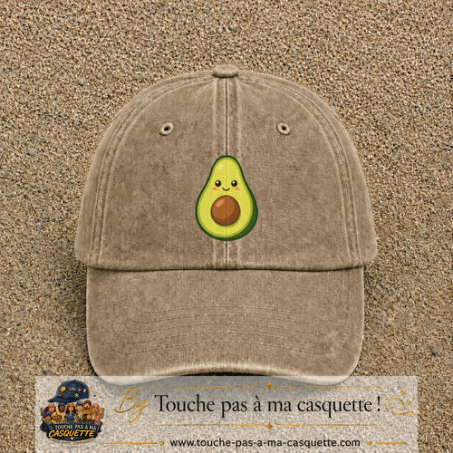 Casquette baseball Beige foncé délavé 100% coton avec visuel Avocat kawaii 7 cm - image produit principale