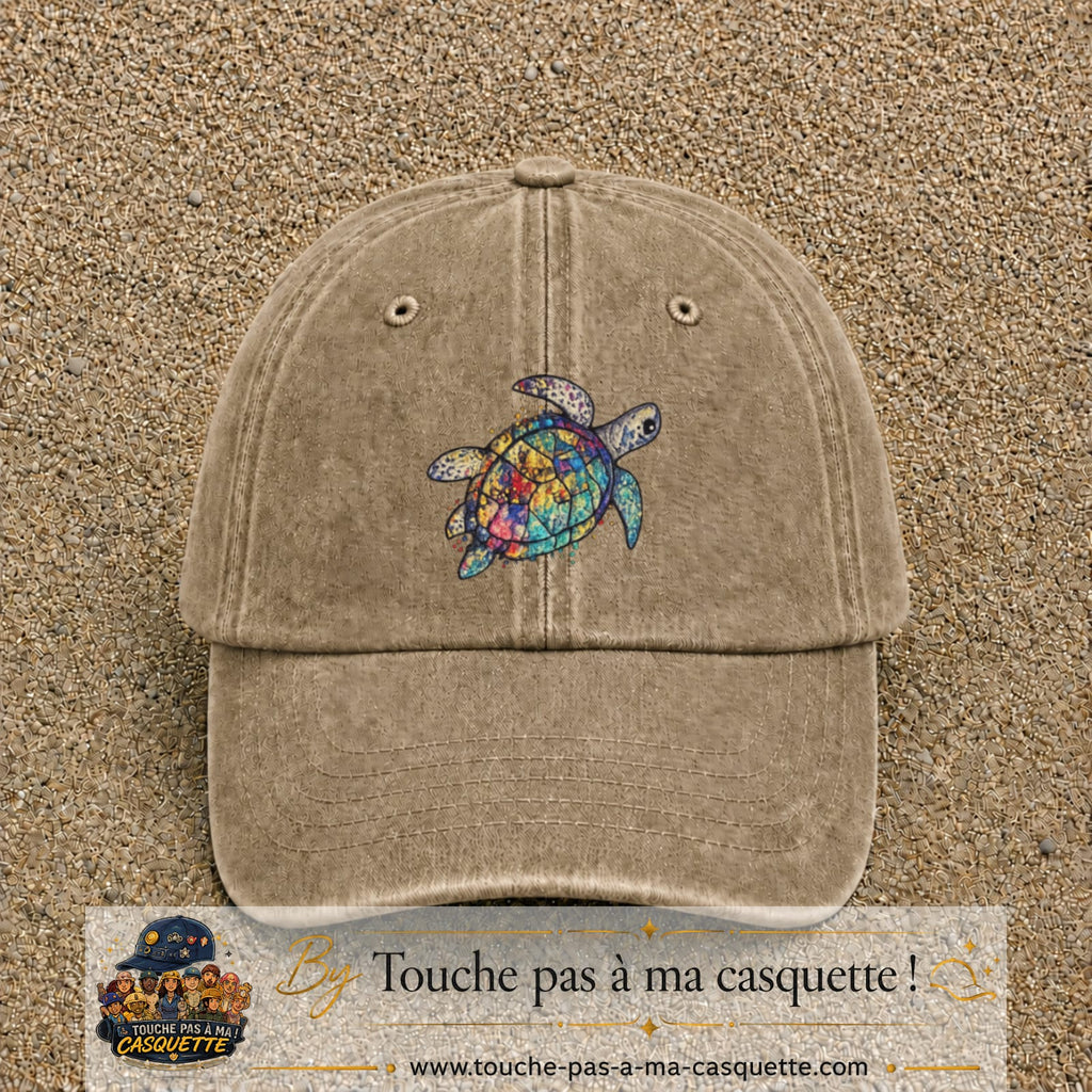 Casquette Beige foncé délavé motif Tortue multicolore 7 cm - vue principale