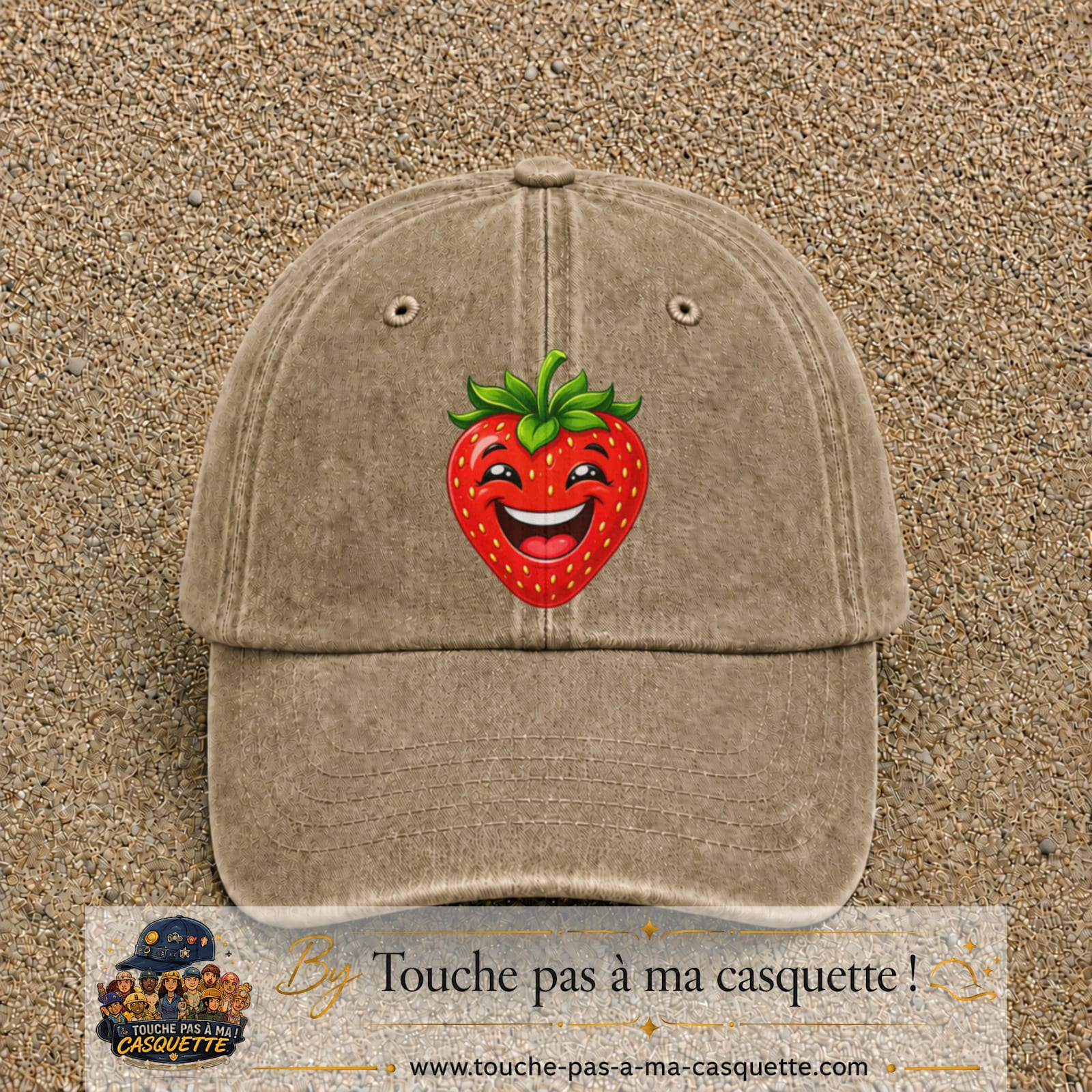 Casquette baseball Beige foncé délavé 100% coton avec motif Fraise souriante 7 cm - image principale