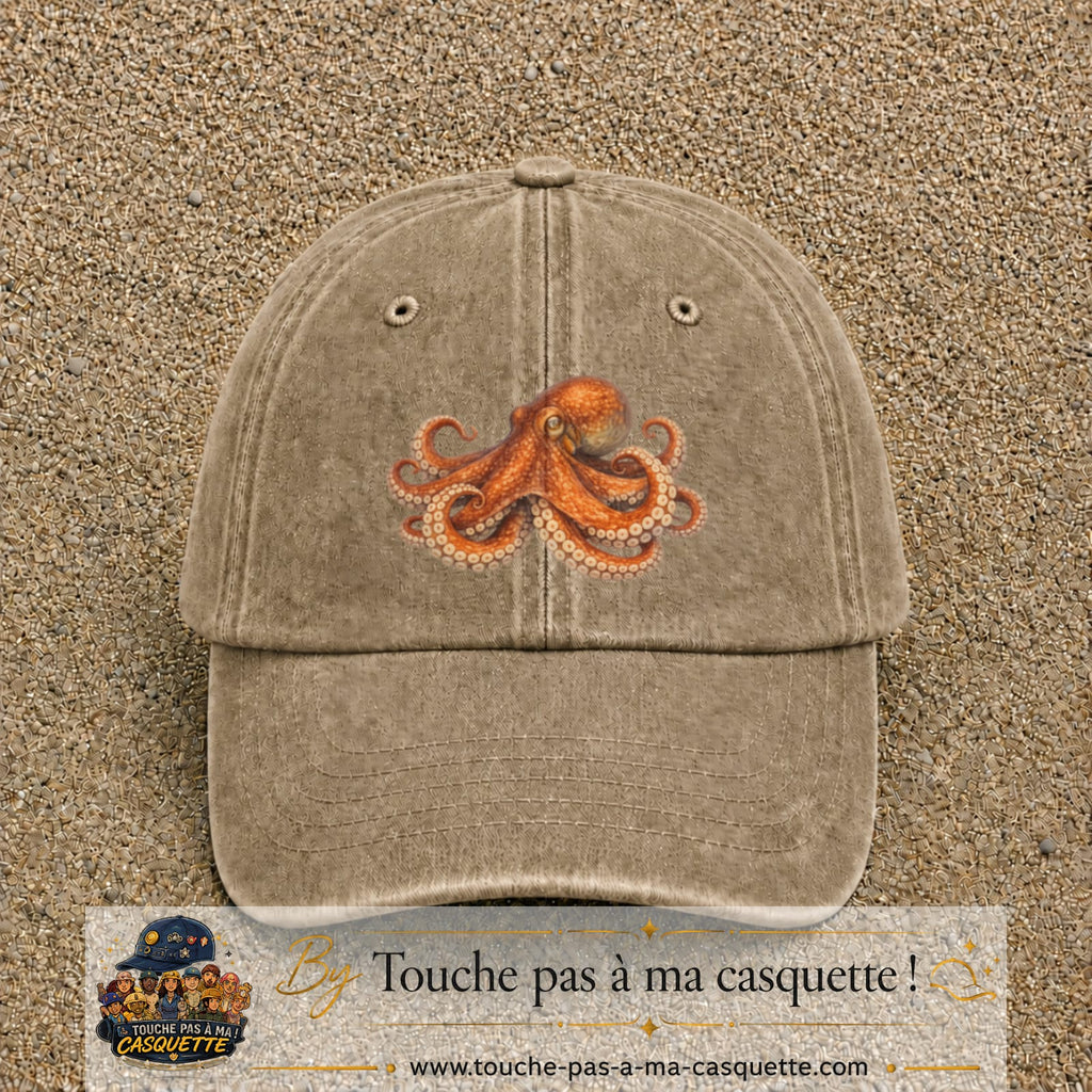 Casquette Beige foncé délavé motif Poulpe marin 7 cm - vue principale