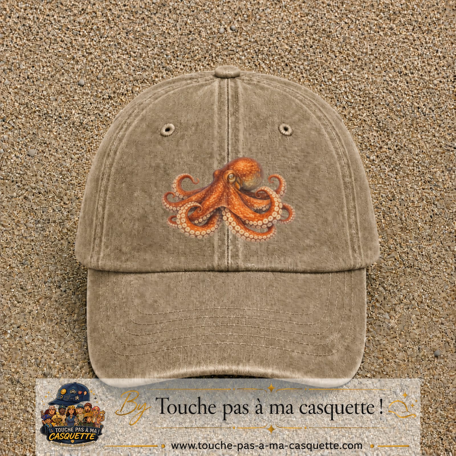 Casquette Beige foncé délavé motif Poulpe marin 7 cm - vue principale