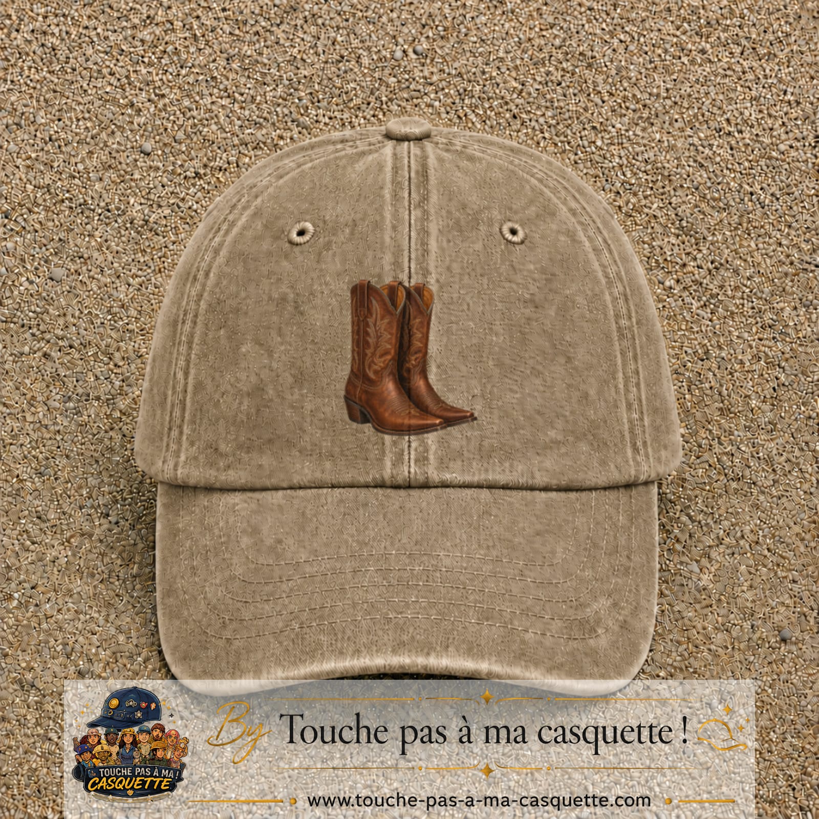 Casquette Beige foncé délavé 100% coton avec motif Bottes cowboy 7 cm - image principale