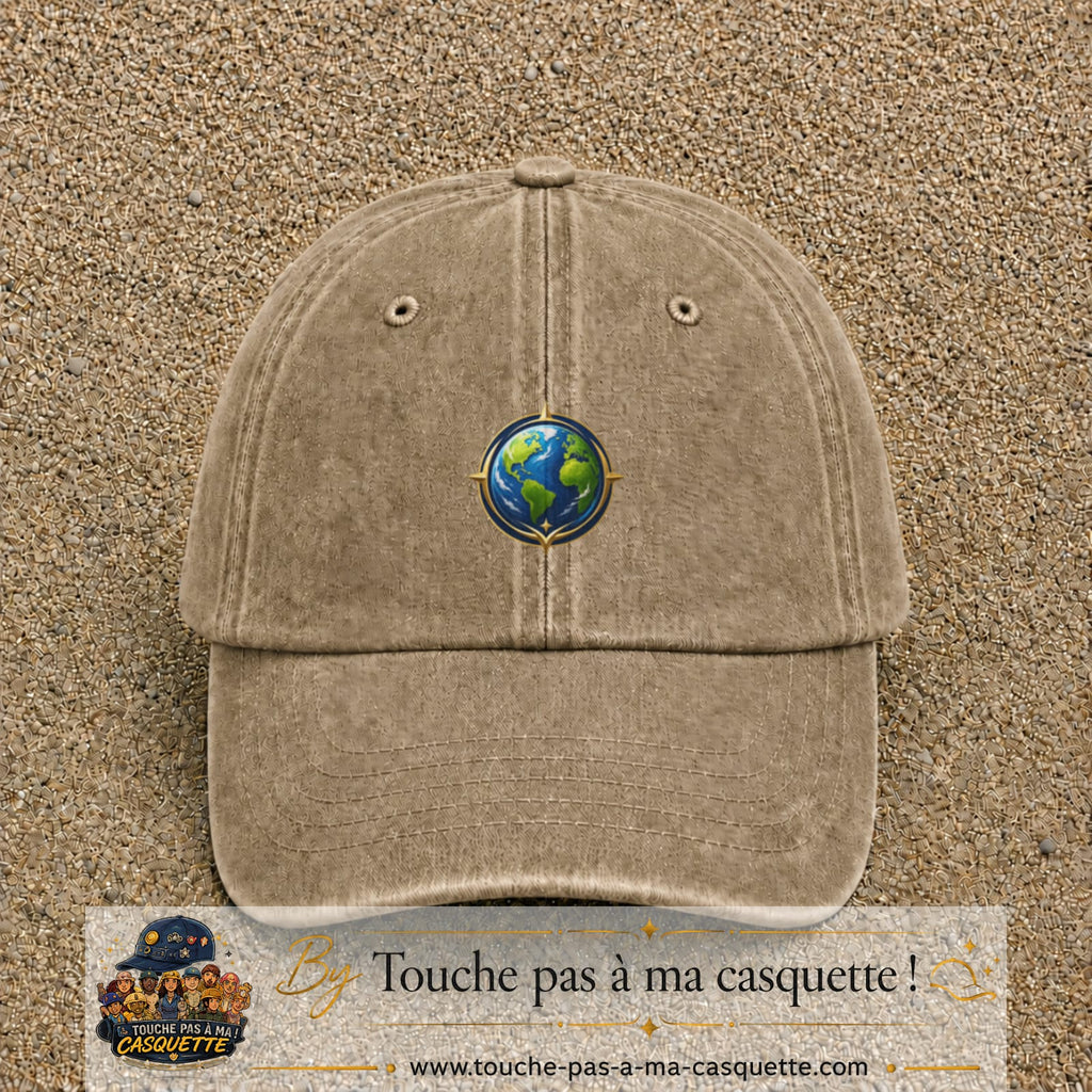 Casquette baseball Beige foncé délavé 100% coton avec visuel Terre compas 5 cm - image produit principale