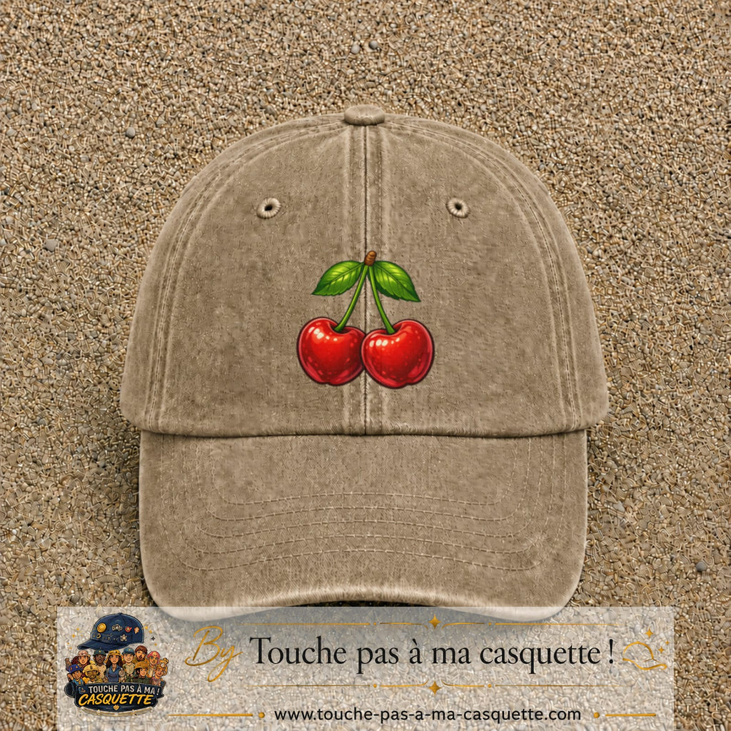 Casquette baseball Beige foncé délavé 100% coton avec visuel Cerises 7 cm - image produit principale