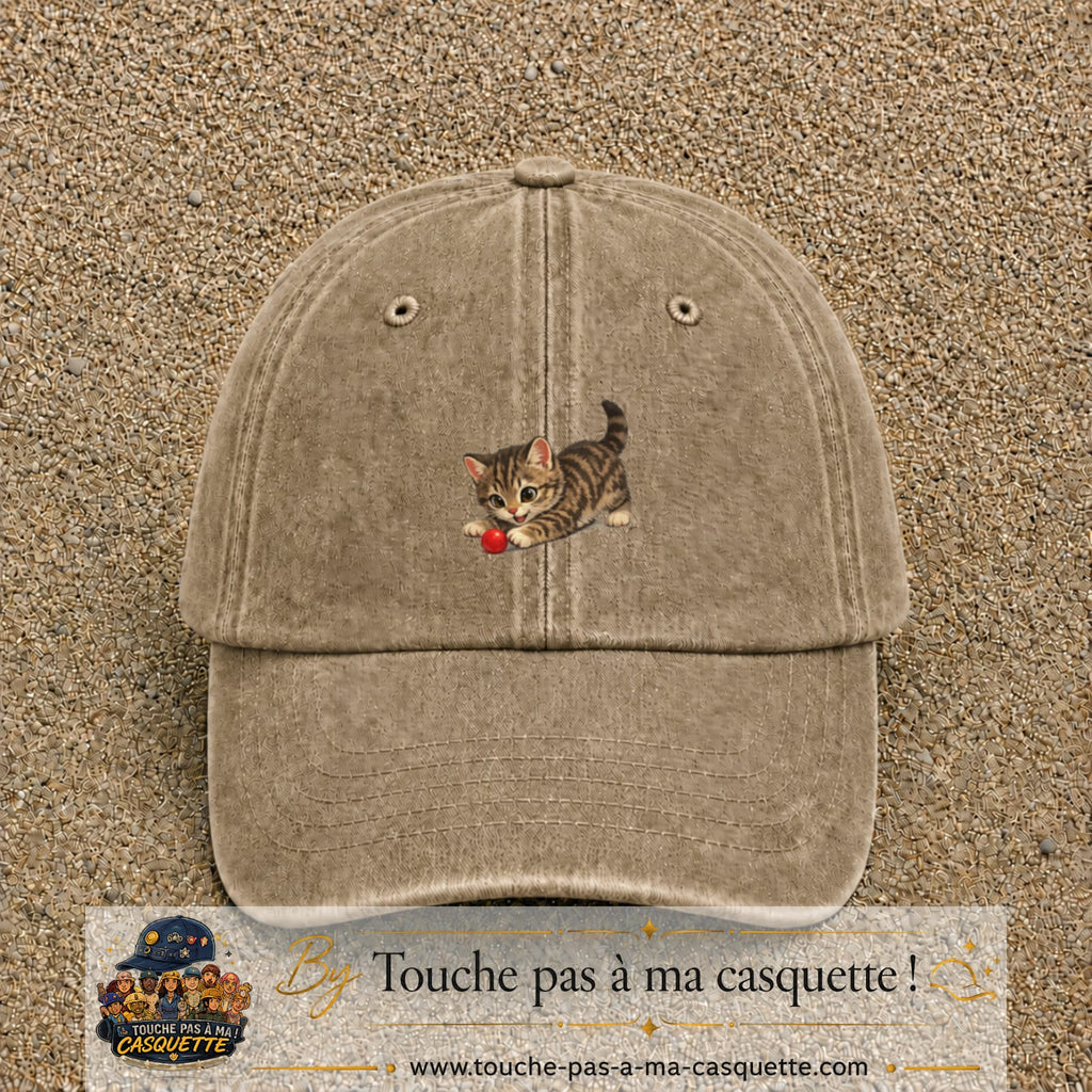 Casquette baseball Beige foncé délavé 100% coton avec motif Chaton joueur 5 cm - image principale