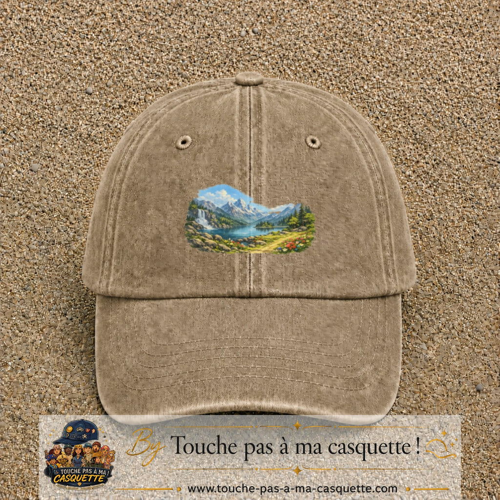 Casquette baseball Beige foncé délavé 100% coton avec motif Paysage montagne lac 5 cm - image principale