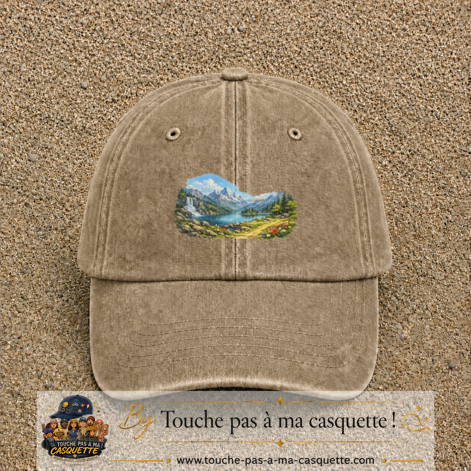 Casquette baseball Beige foncé délavé 100% coton avec motif Paysage montagne lac 5 cm - image principale