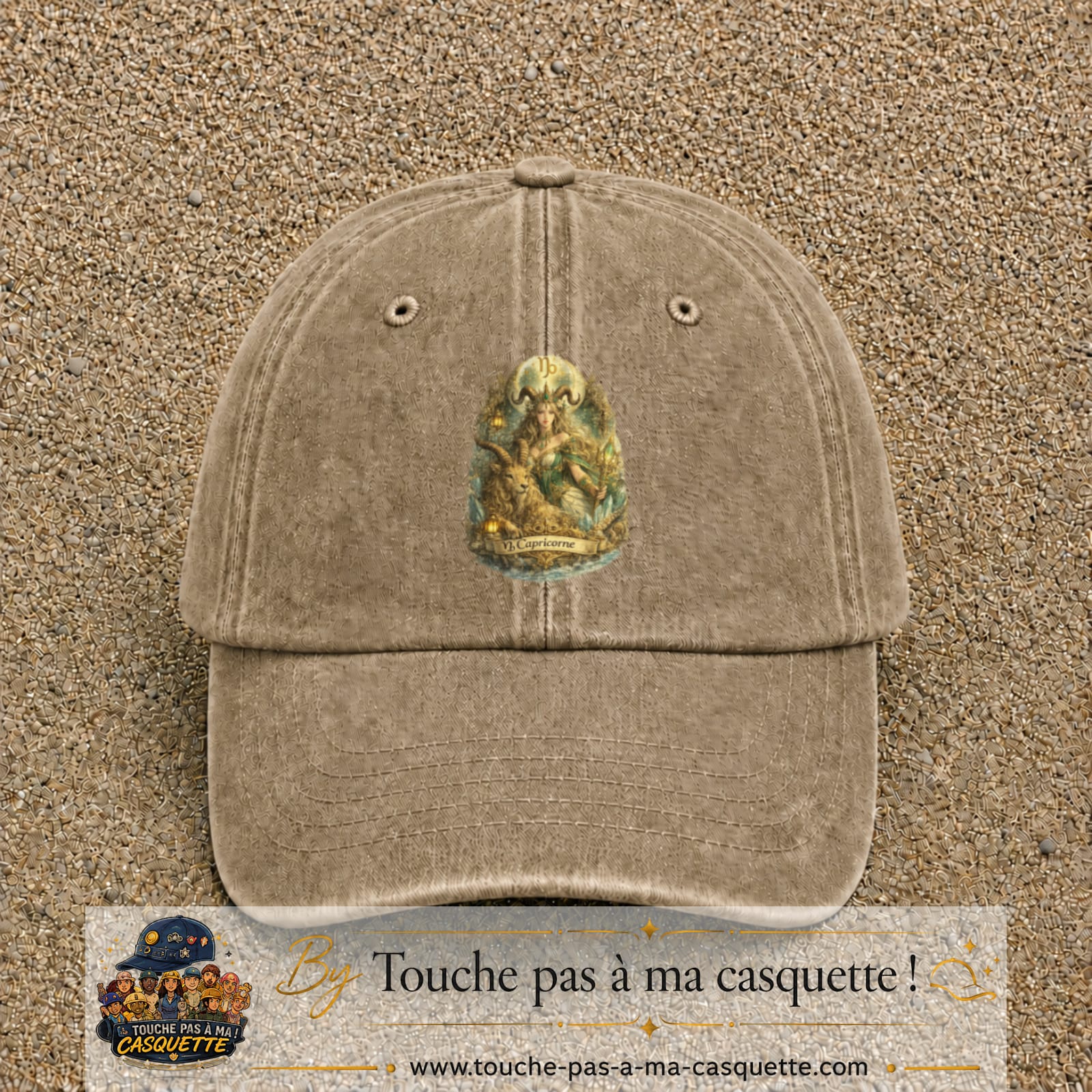Casquette baseball Beige foncé délavé 100% coton avec motif Capricorne astrologique 7 cm - image principale