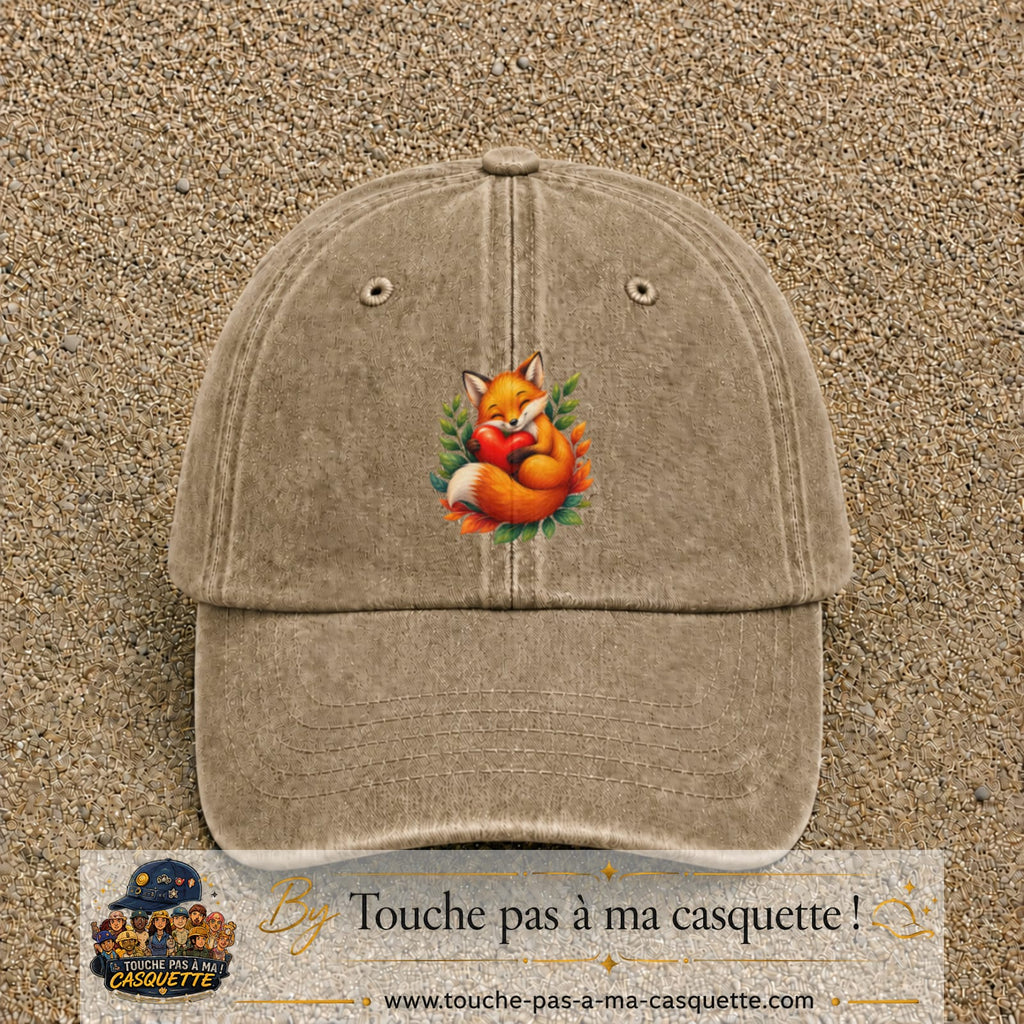 Casquette baseball Beige foncé délavé 100% coton avec motif Renard au cœur 7 cm - image principale