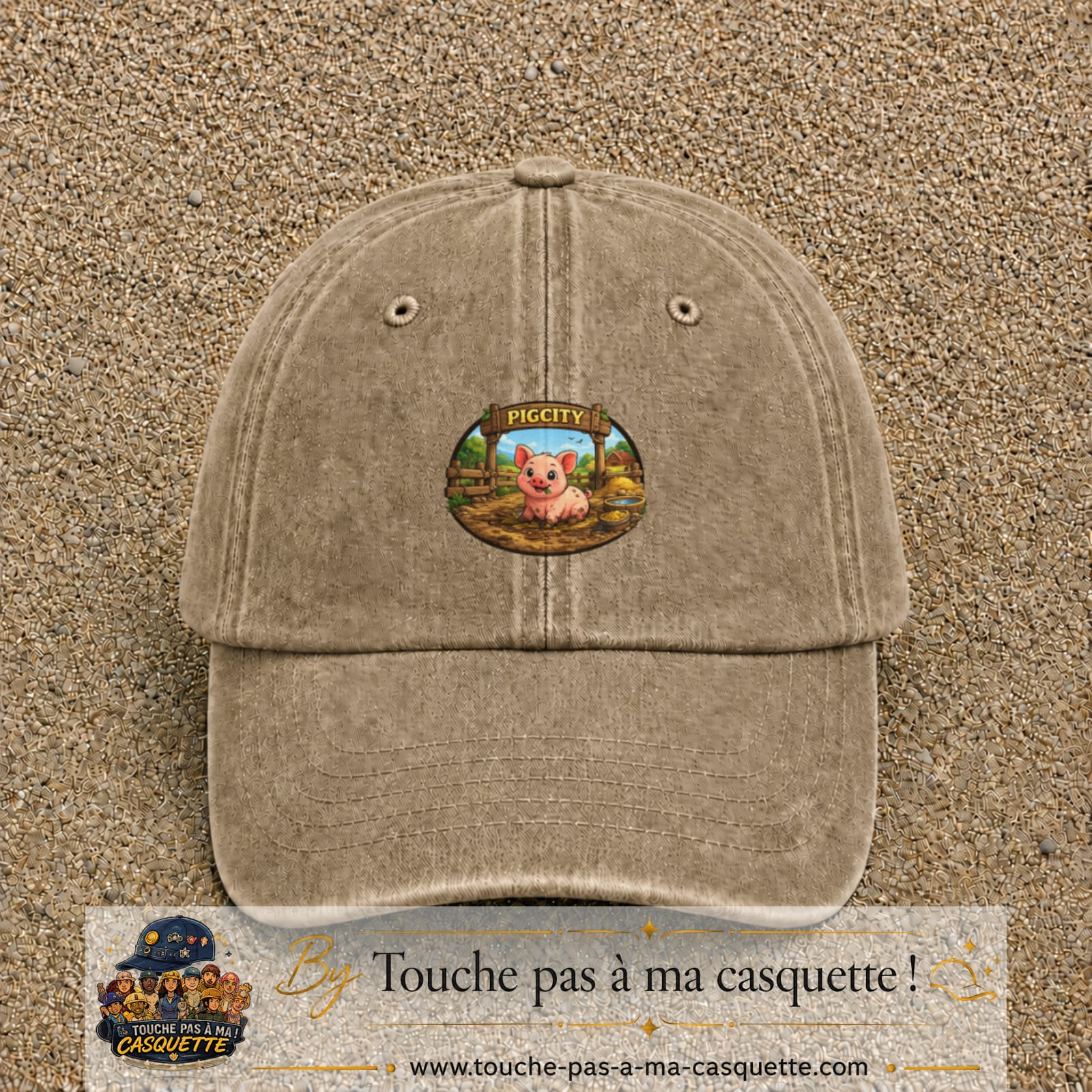 Casquette baseball Beige foncé délavé 100% coton avec visuel Pigcity cochon 5 cm - image produit principale