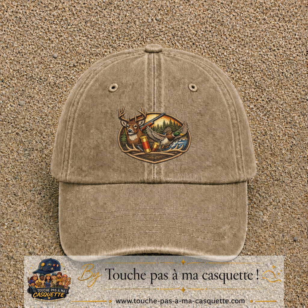 Casquette Beige foncé délavé motif Scène de chasse 7 cm - vue principale