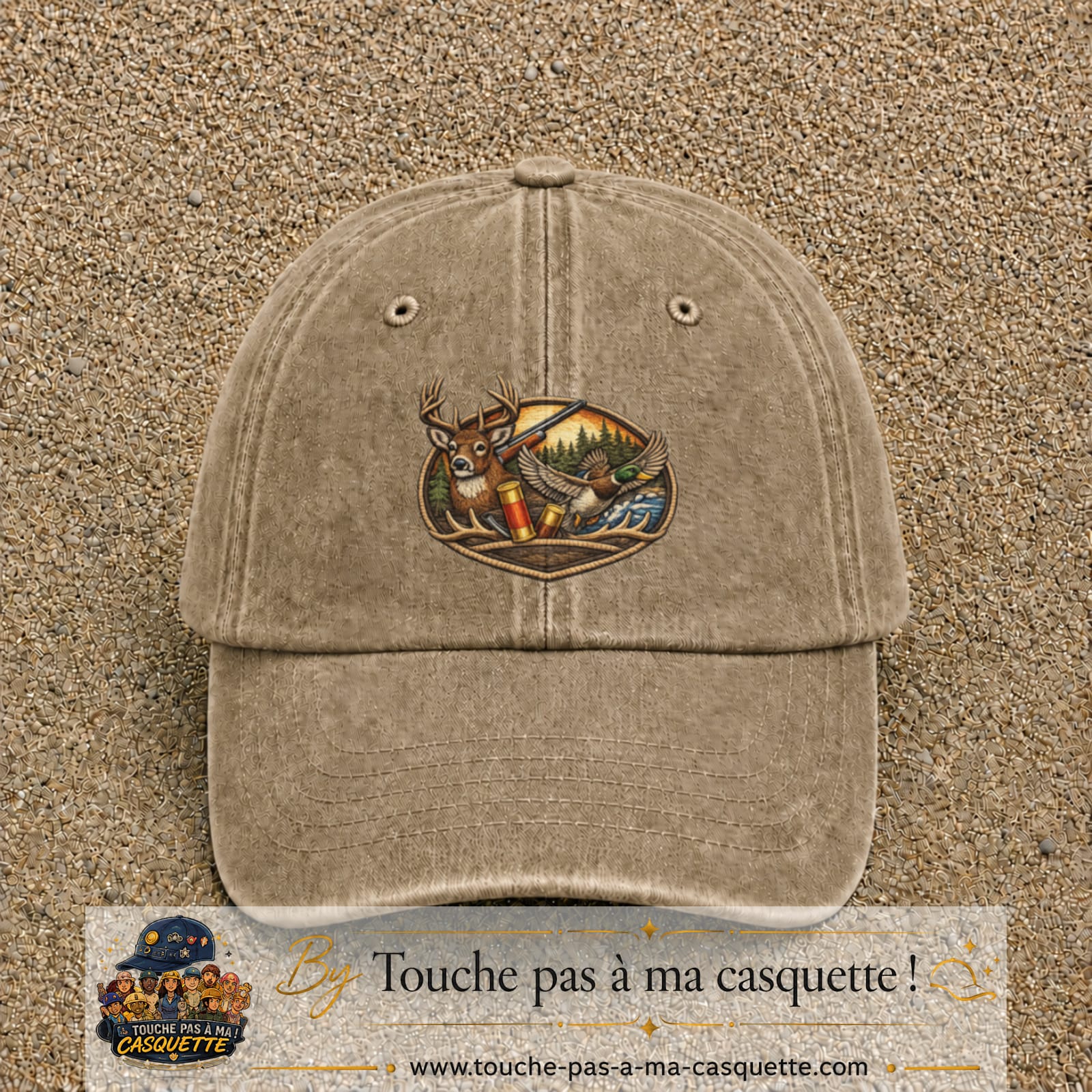 Casquette Beige foncé délavé motif Scène de chasse 7 cm - vue principale