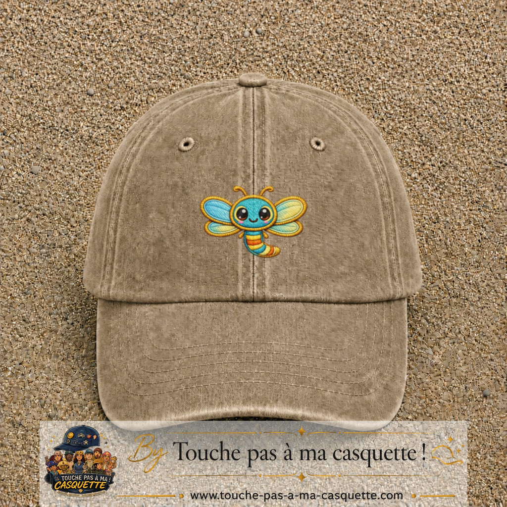 Casquette Beige foncé délavé motif Libellule multicolore 5 cm - vue principale