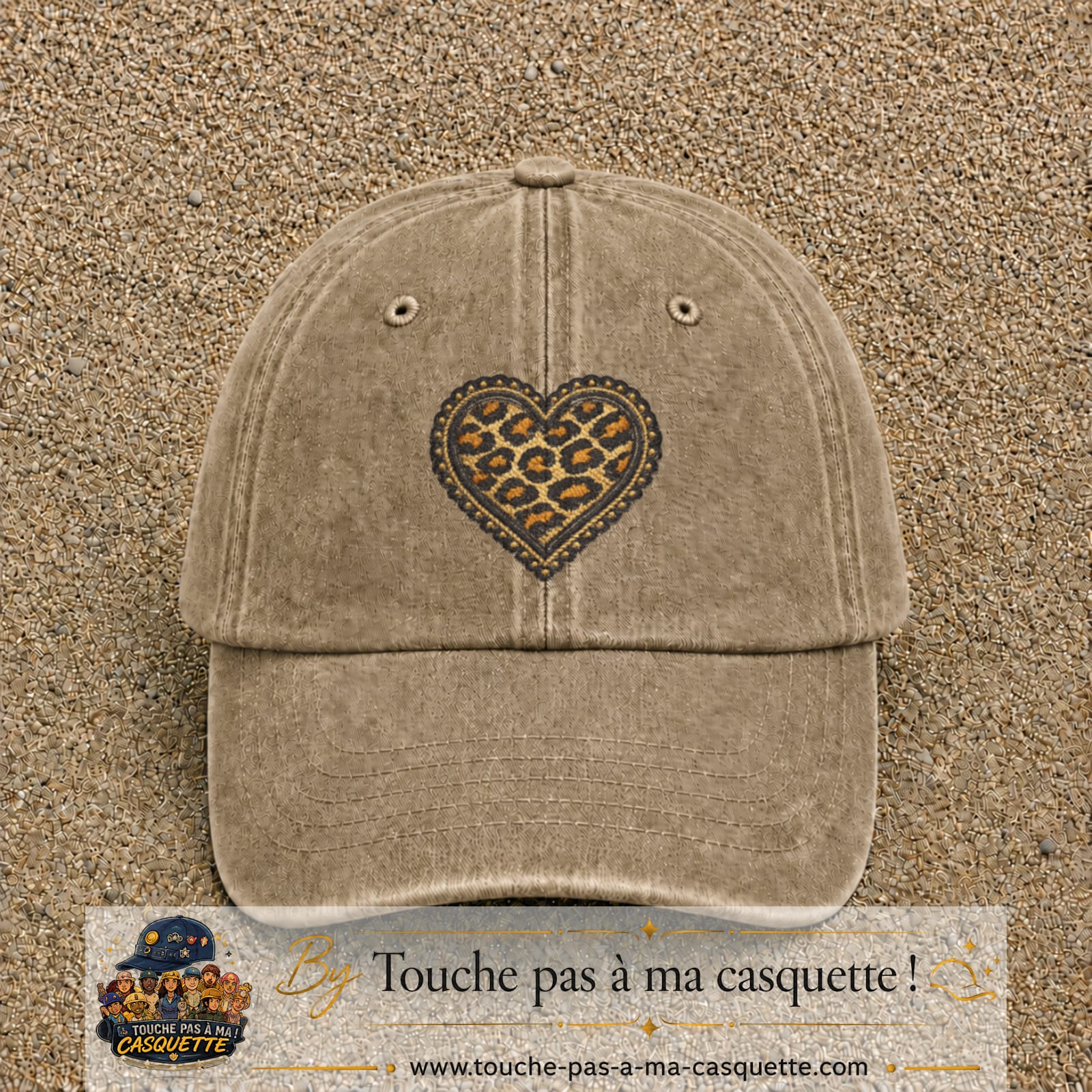 Casquette Beige foncé délavé motif Cœur léopard perlé 7 cm - vue principale