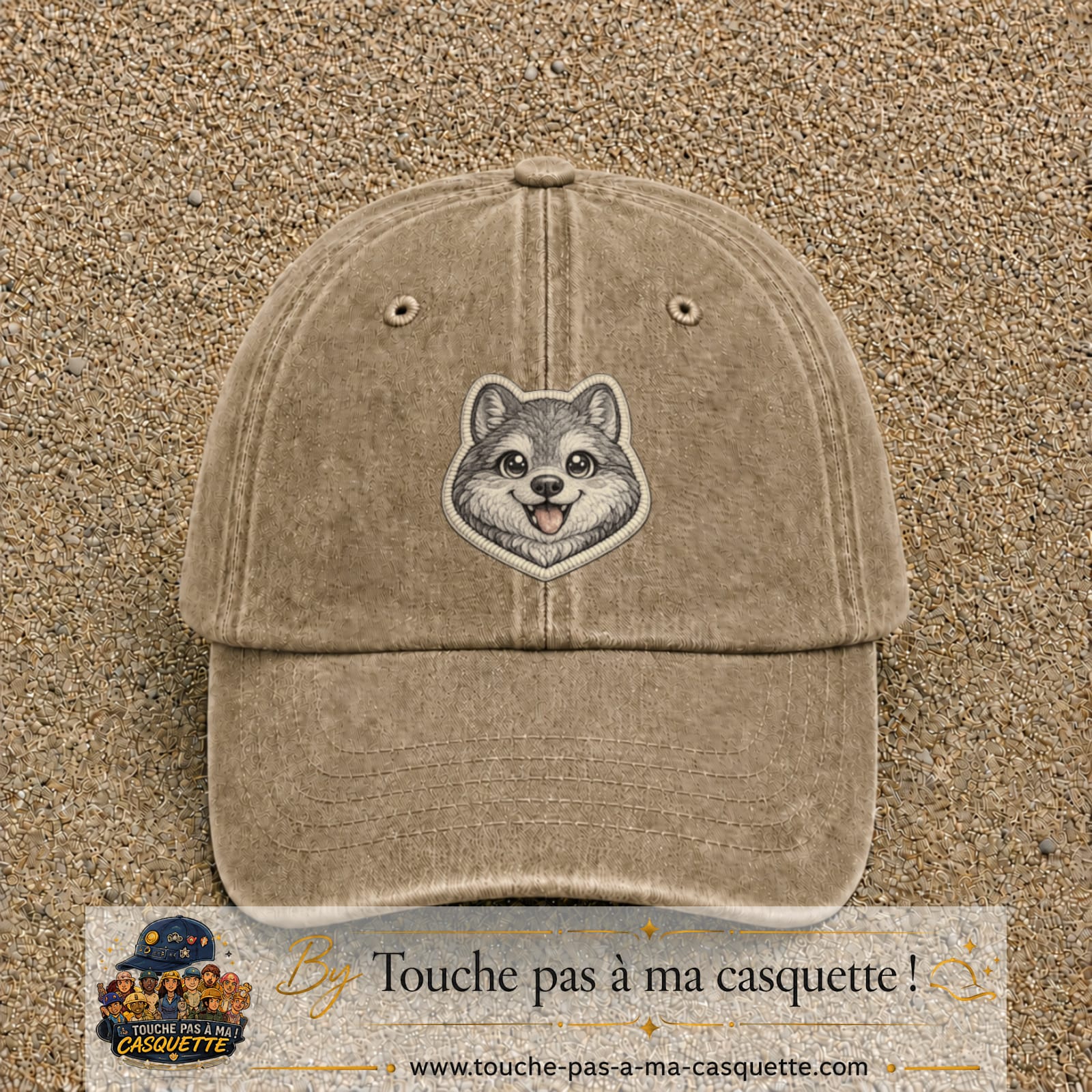 Casquette Beige foncé délavé motif Husky joyeux 7 cm - vue principale