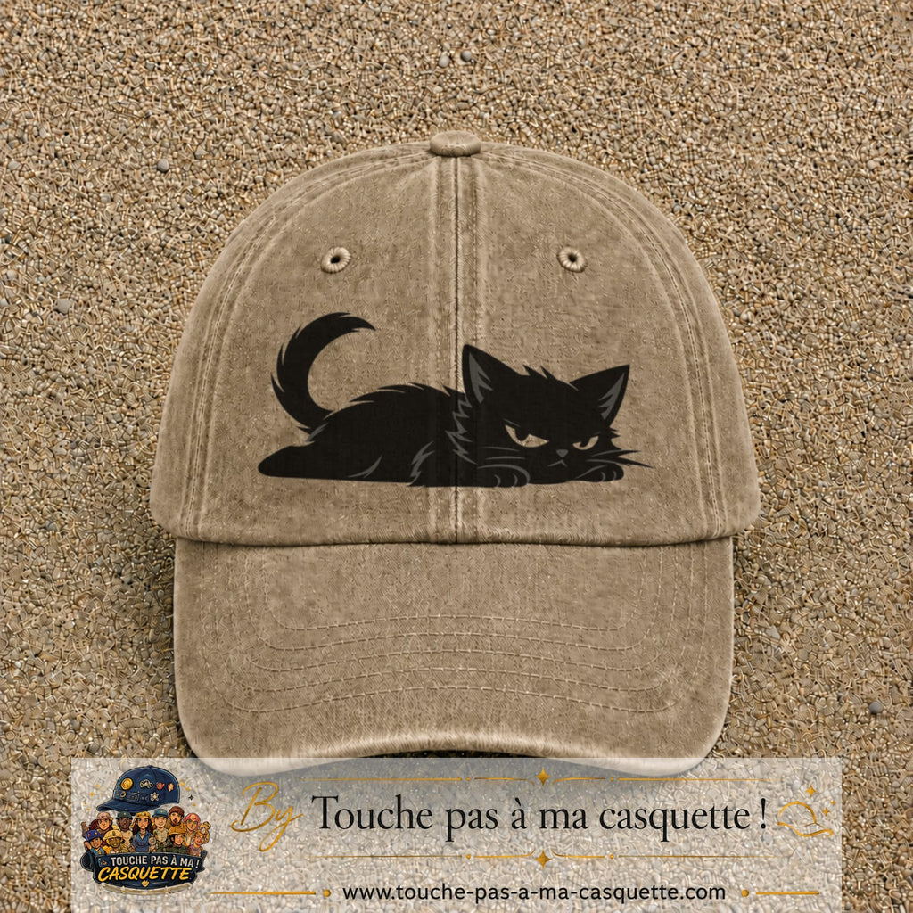 Casquette baseball Beige foncé délavé 100% coton avec visuel Chat noir couché 7 cm - image produit principale