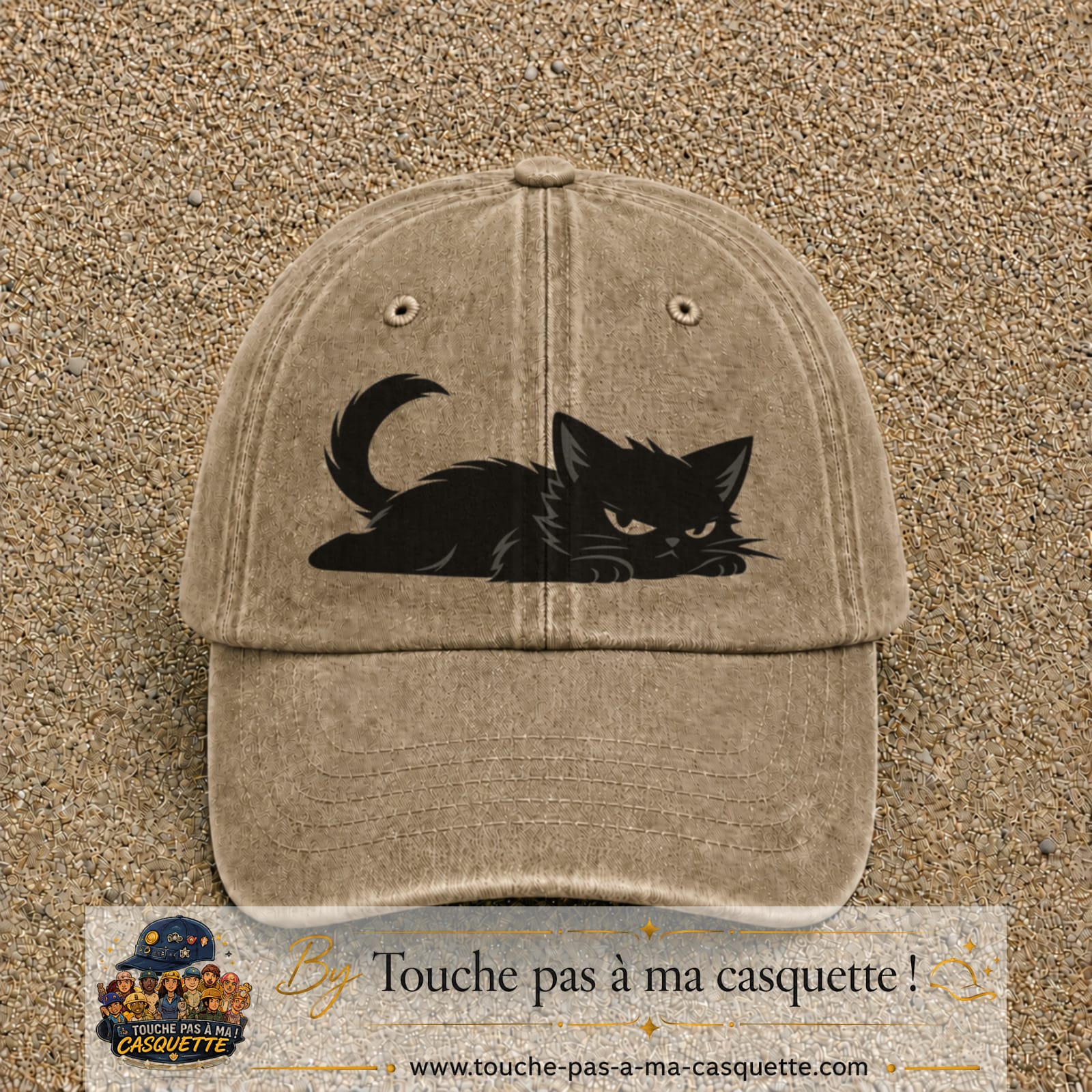 Casquette baseball Beige foncé délavé 100% coton avec visuel Chat noir couché 7 cm - image produit principale