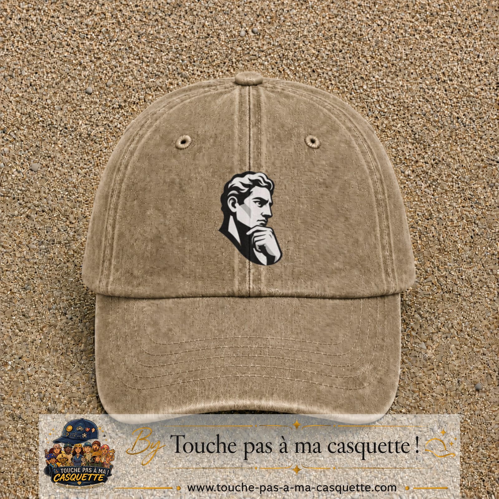 Casquette Beige foncé délavé 100% coton avec motif Portrait homme penseur 7 cm - image principale