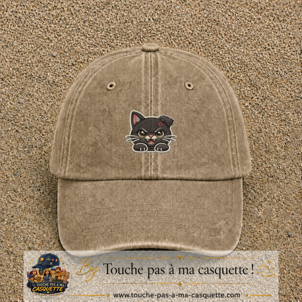 Casquette Beige foncé délavé motif Chaton grognon 5 cm - vue principale